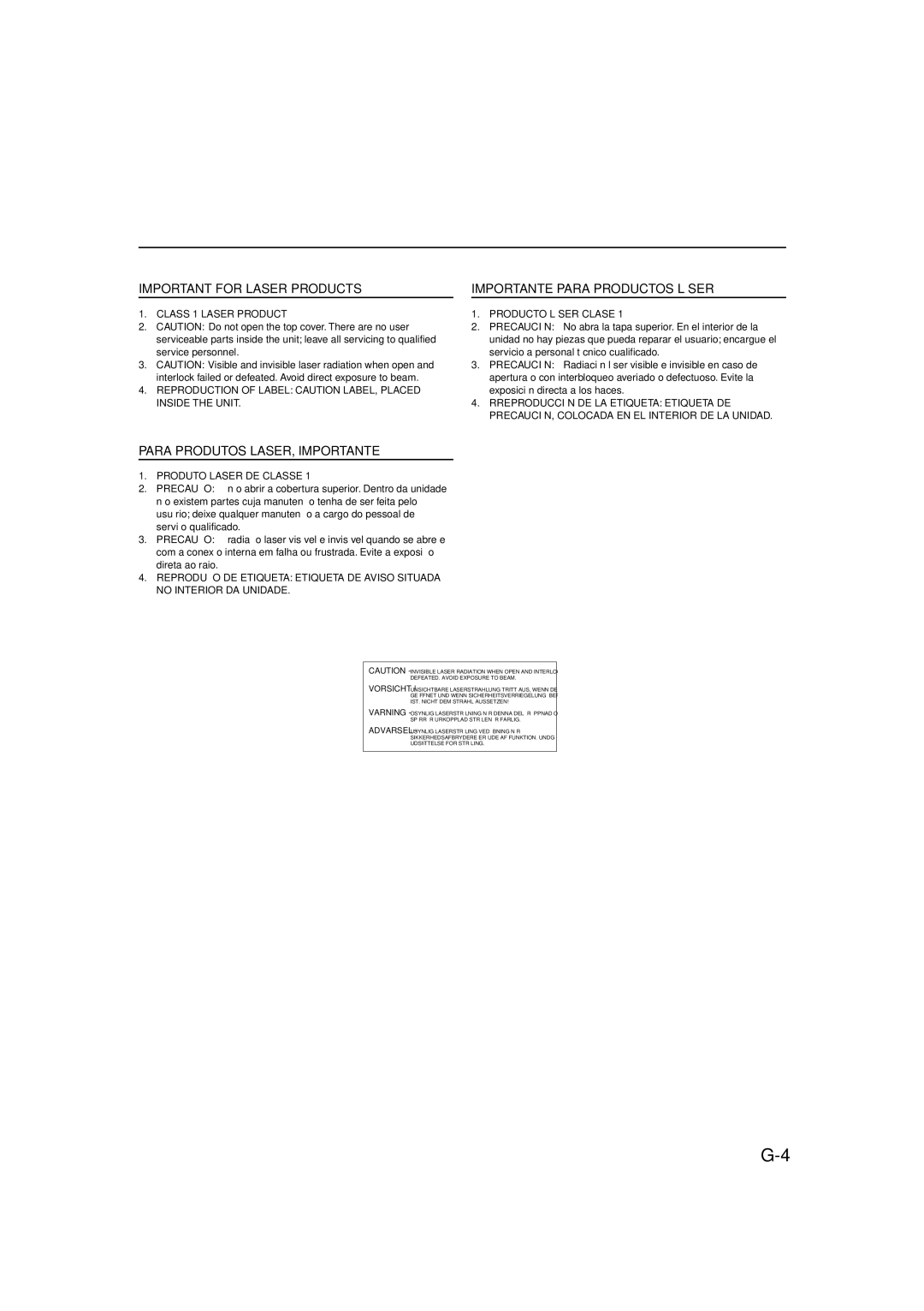 JVC LVT1356-005A manual Important for Laser Products 