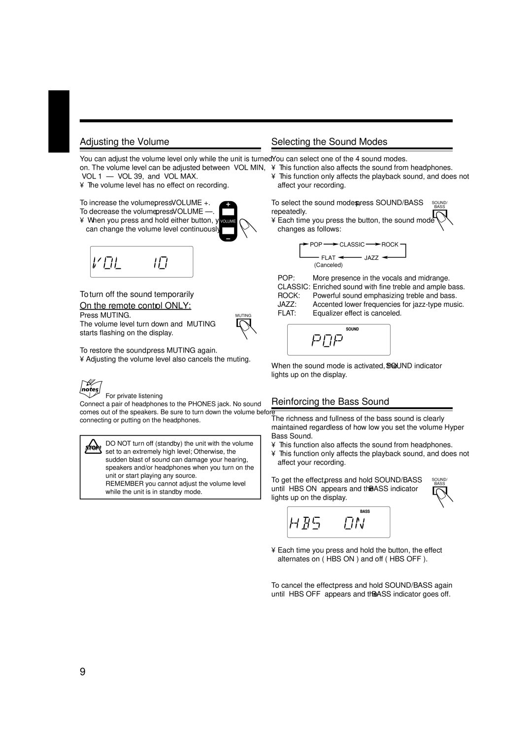 JVC LVT1356-005A manual Adjusting the Volume Selecting the Sound Modes 