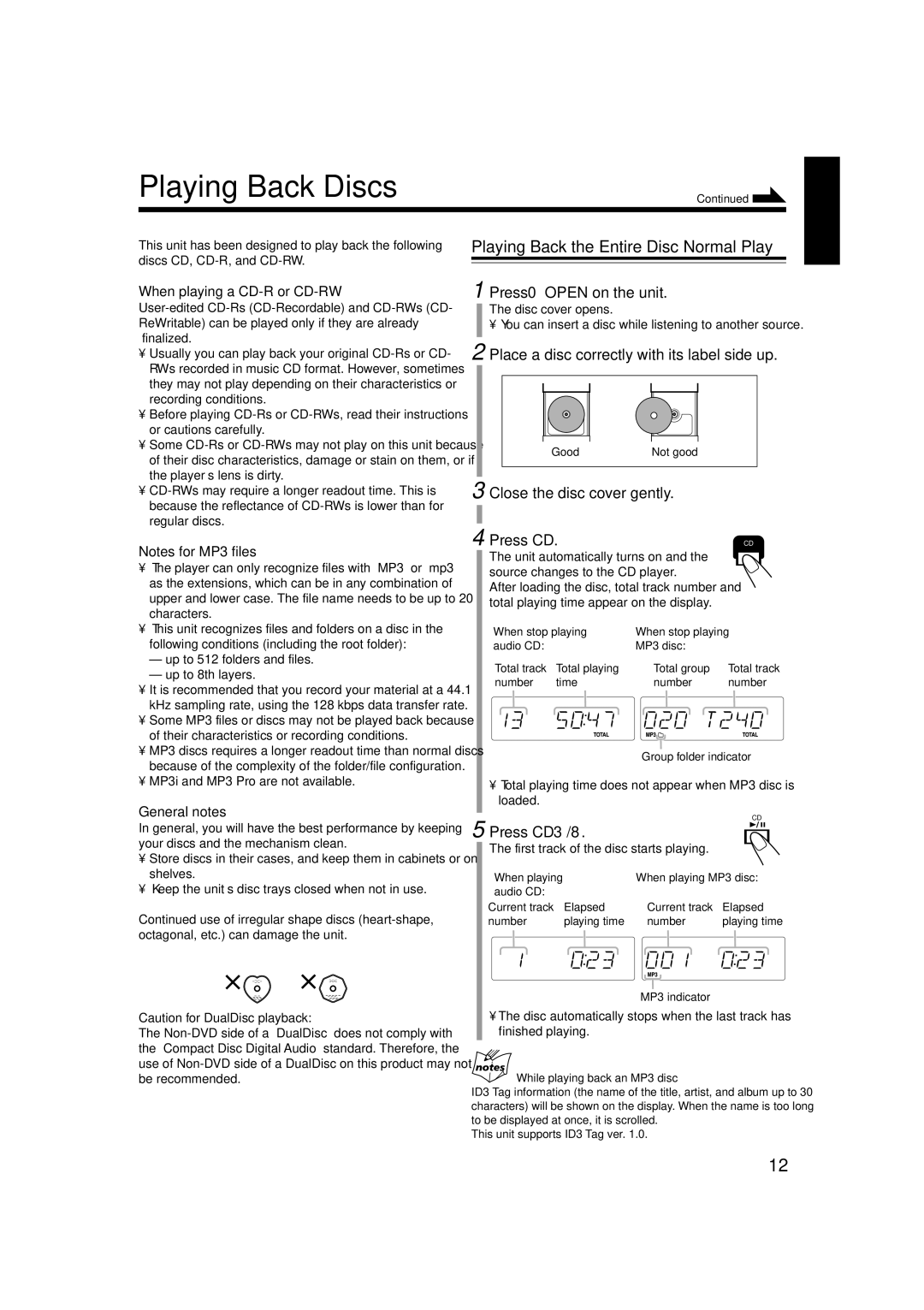 JVC LVT1356-005A manual Playing Back Discs 