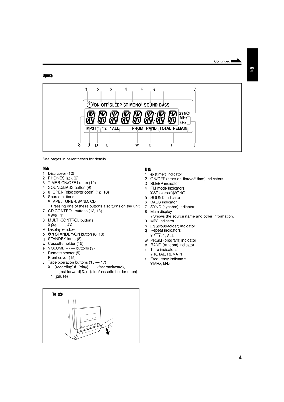 JVC LVT1356-005A manual Display window on the front panel, MHz KHz, Main unit, To open the front cover 