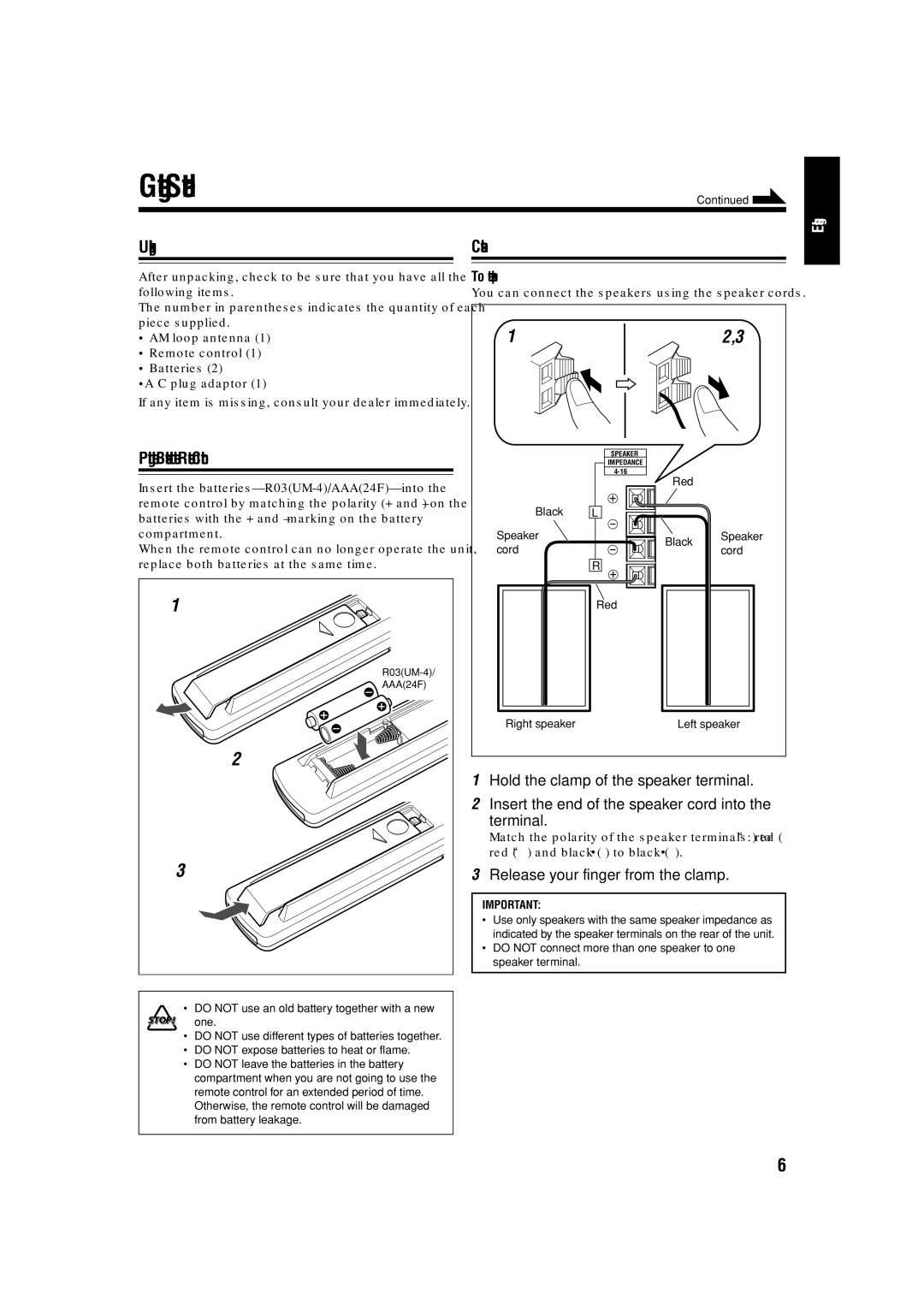 JVC LVT1356-005A manual Getting Started, Unpacking Connections, Release your finger from the clamp, To connect speakers 