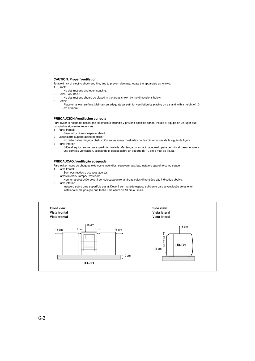JVC LVT1356-005A manual UX-G1, CAUTION Proper Ventilation, PRECAUCIÓN Ventilación correcta, PRECAUÇÃO Ventilação adequada 
