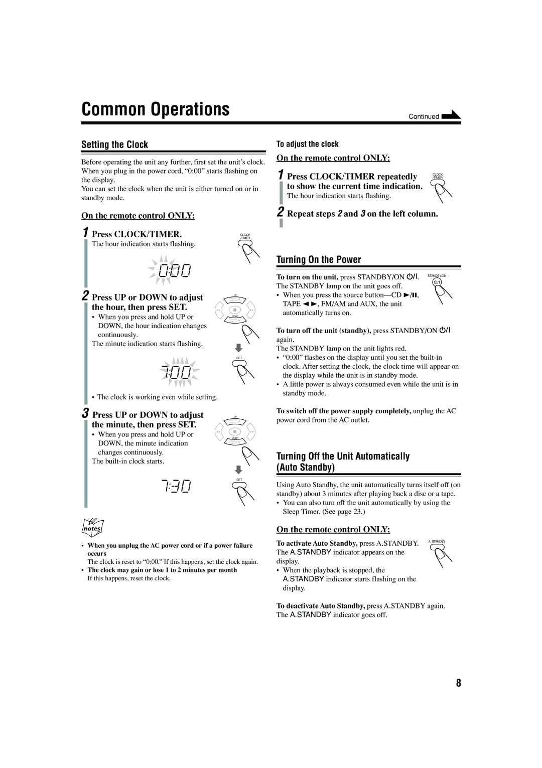 JVC LVT1364-002B manual Common Operations, Setting the Clock, Turning On the Power 