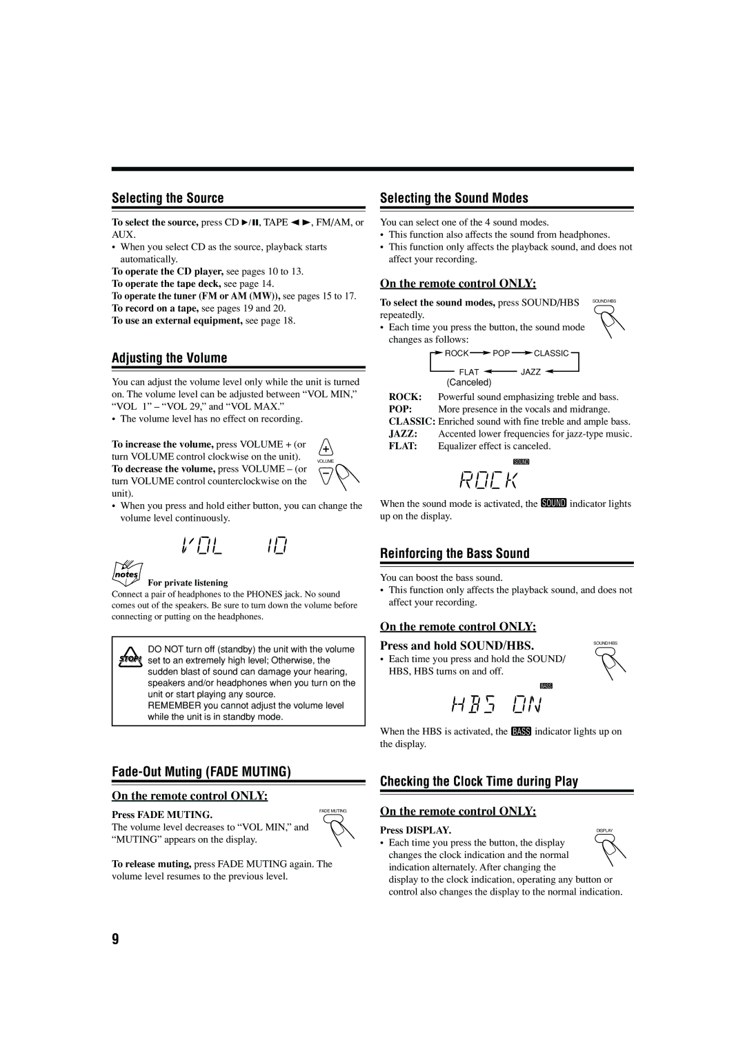 JVC LVT1364-002B manual Selecting the Source, Adjusting the Volume, Selecting the Sound Modes, Reinforcing the Bass Sound 