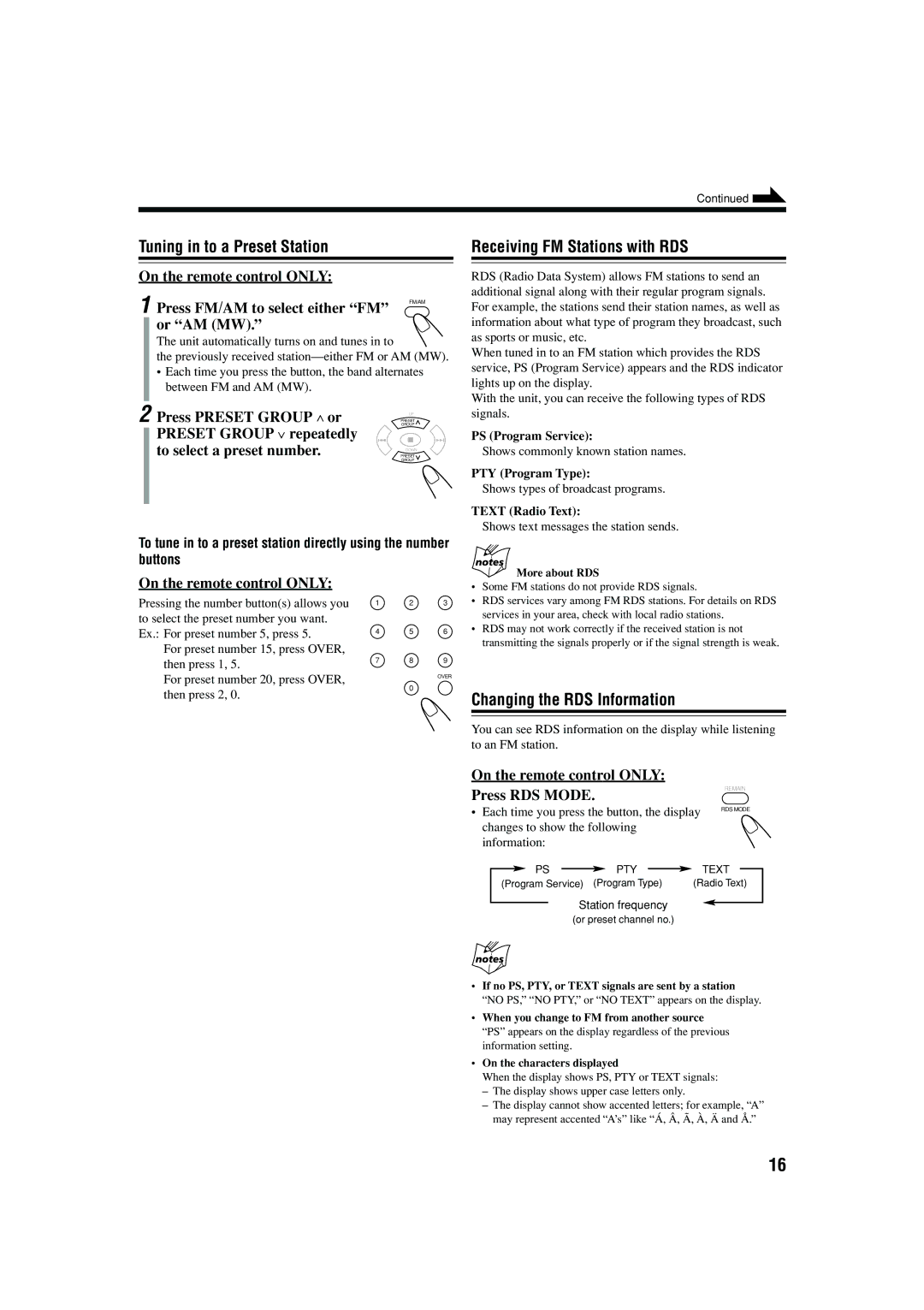 JVC LVT1364-002B manual Tuning in to a Preset Station, Receiving FM Stations with RDS, Changing the RDS Information 