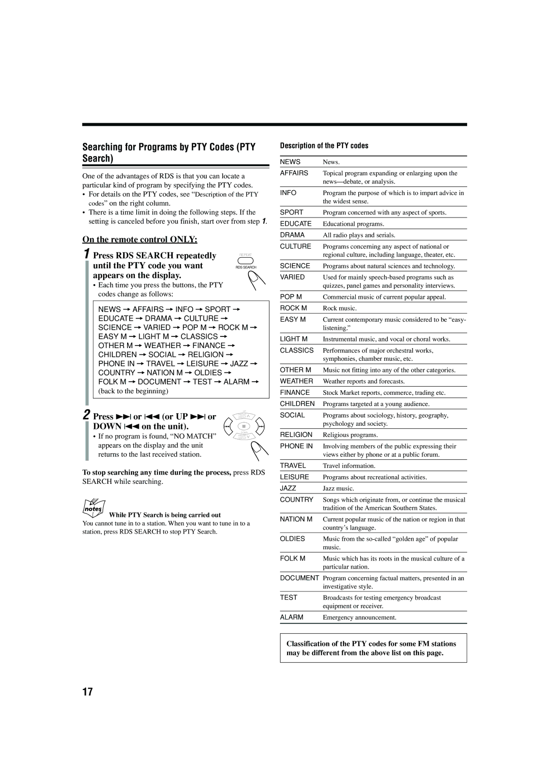 JVC LVT1364-002B manual Searching for Programs by PTY Codes PTY Search, Press ¢ or 4 or UP ¢ or, Down 4 on the unit 