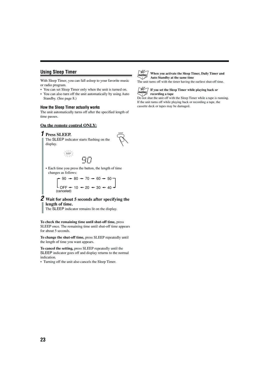 JVC LVT1364-002B manual Using Sleep Timer, On the remote control only Press Sleep, How the Sleep Timer actually works 