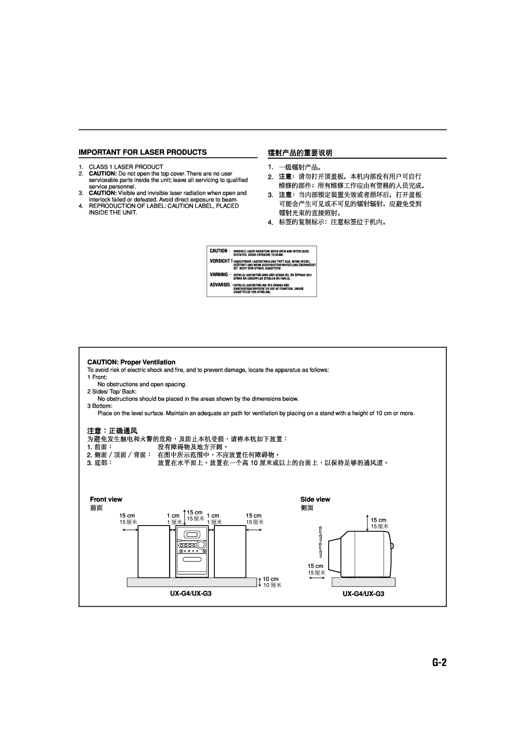 JVC LVT1364-006B manual Important For Laser Products, CAUTION: Proper Ventilation, Front view, Side view, UX-G4/UX-G3 