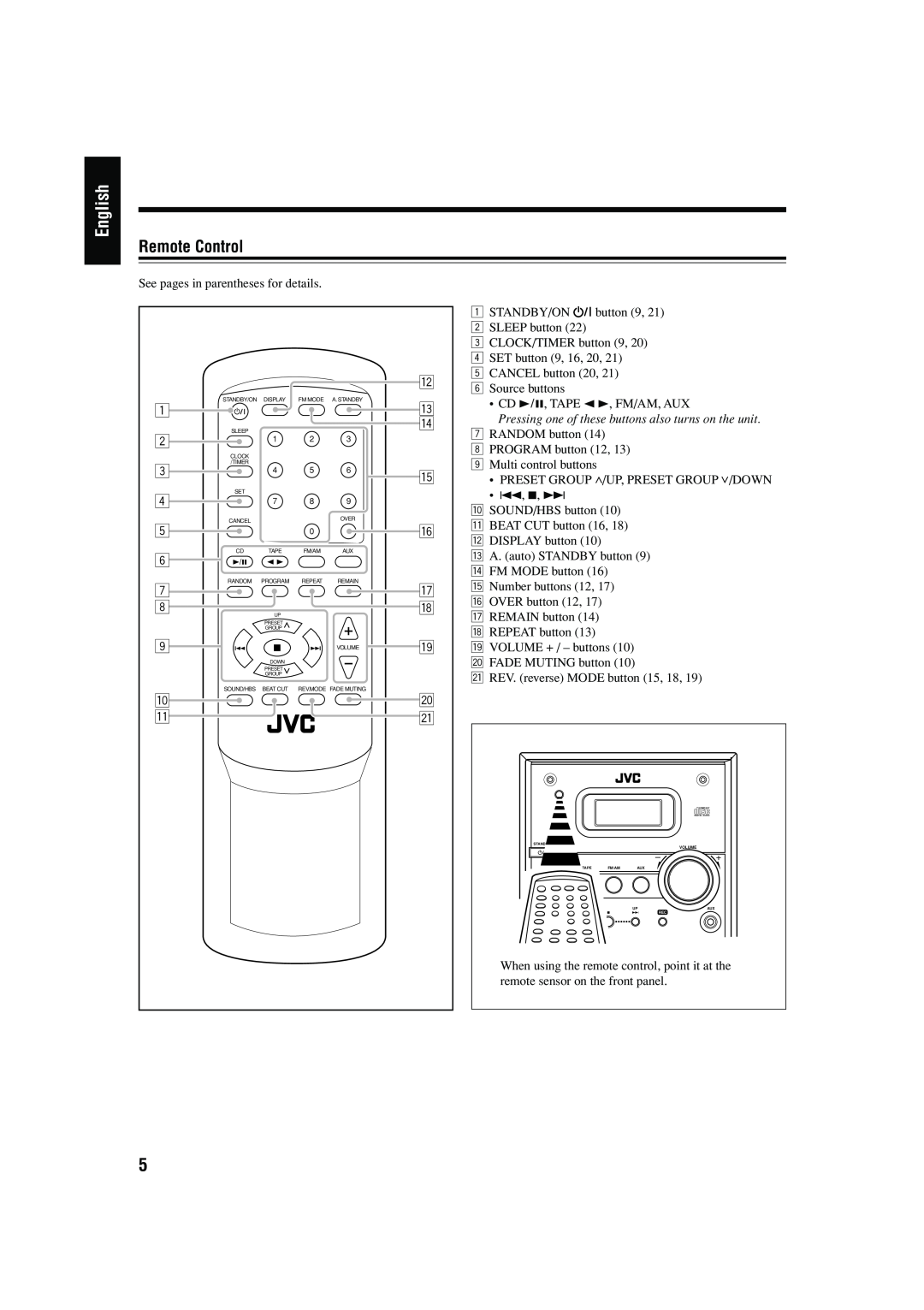 JVC LVT1364-006B manual English, Remote Control, Volume, Fm/Am 