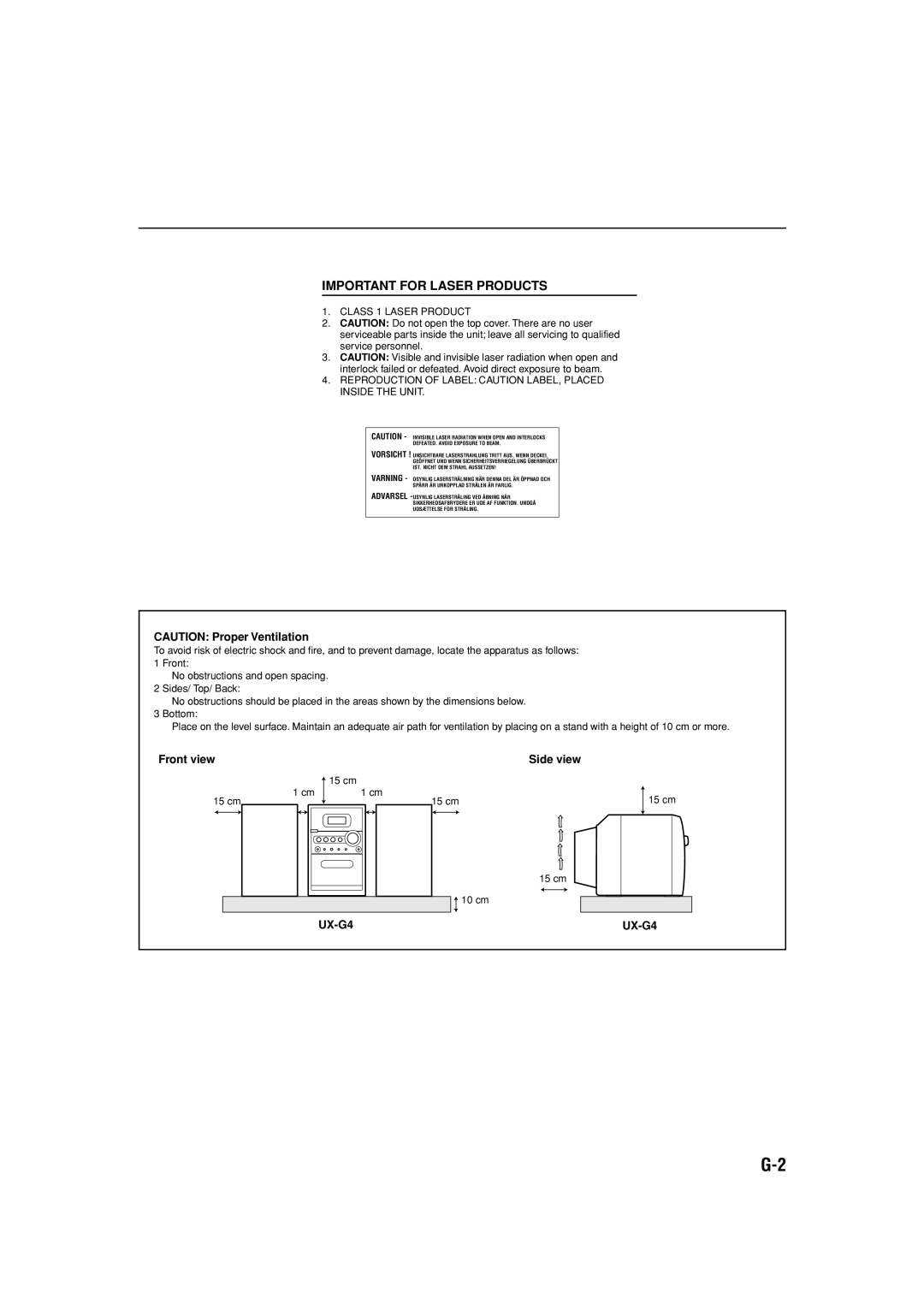 JVC LVT1364-006B manual Important For Laser Products, CAUTION: Proper Ventilation, Front view, Side view, UX-G4 