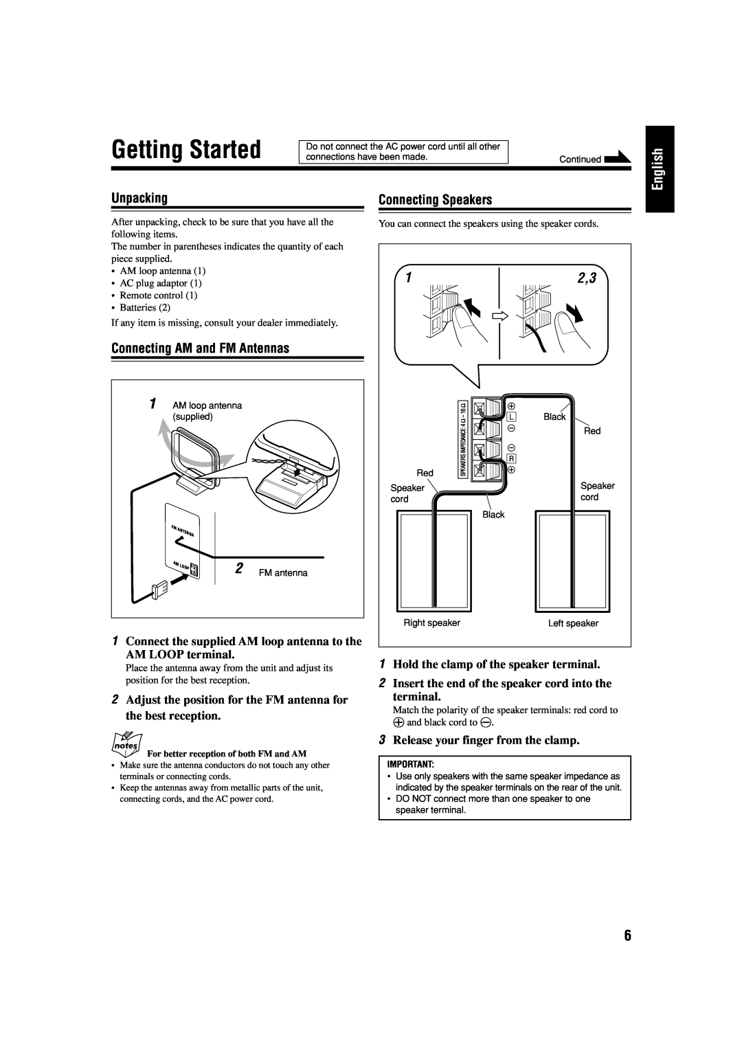 JVC LVT1364-006B Getting Started, English, Unpacking, Connecting AM and FM Antennas, Connecting Speakers, AM LOOP terminal 