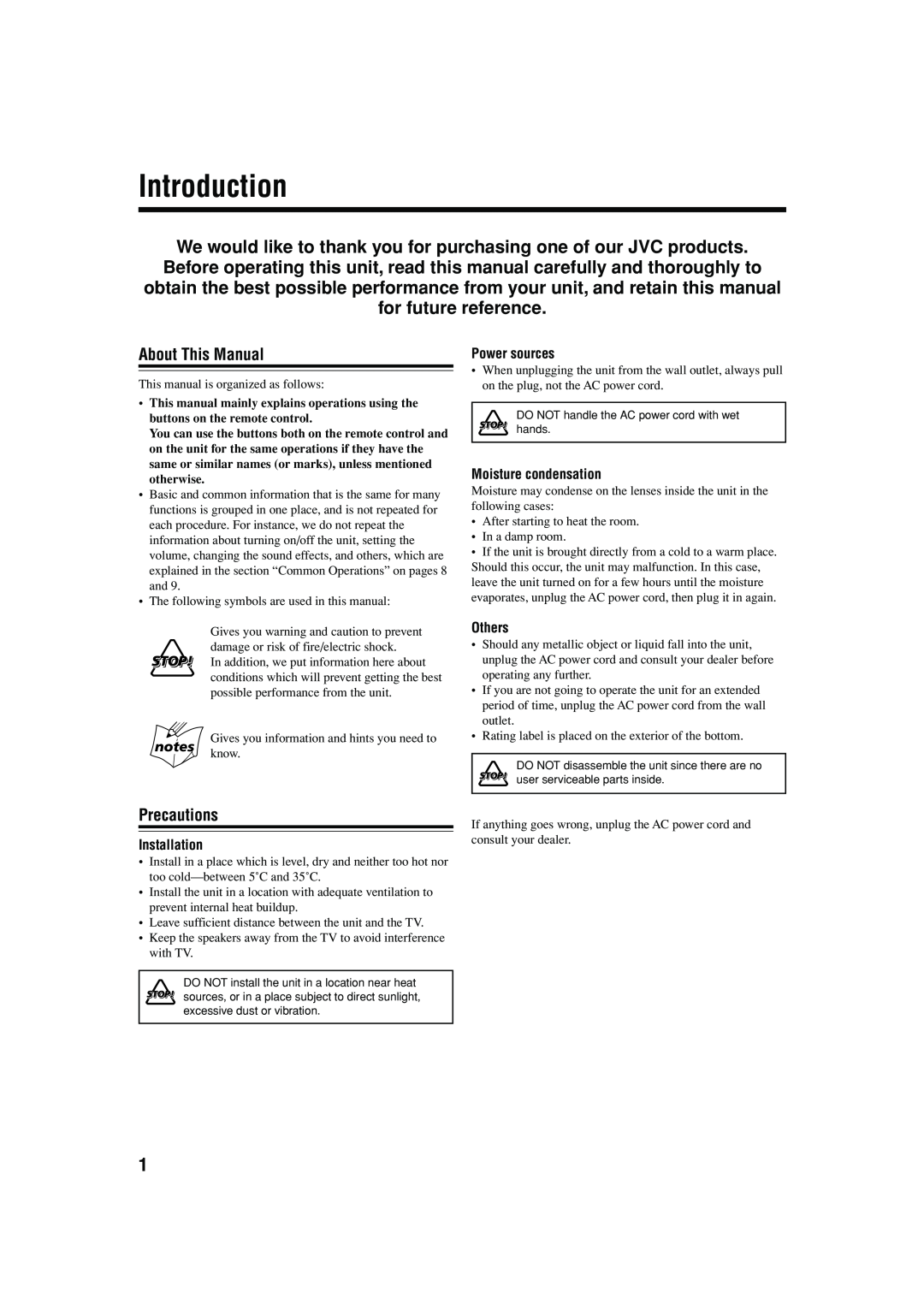 JVC LVT1364-006B Introduction, About This Manual, Precautions, Power sources, Moisture condensation, Others, Installation 