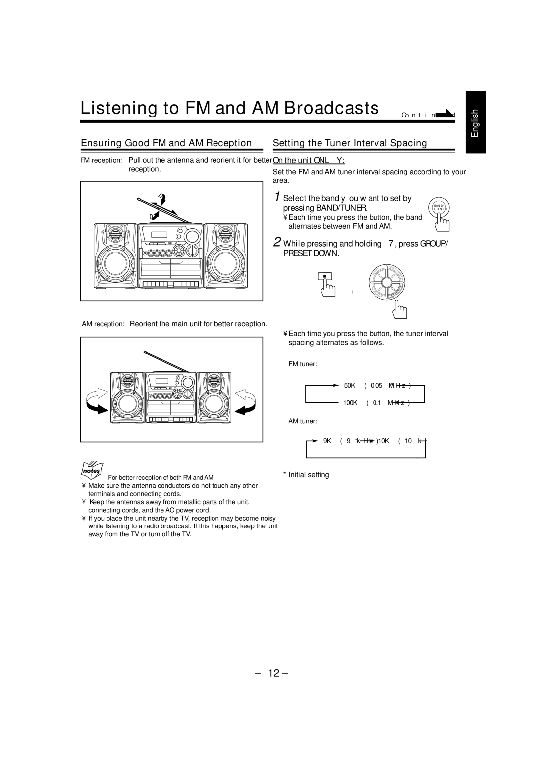 JVC LVT1370-001A, PC-X292V manual Listening to FM and AM Broadcasts, On the unit only, Initial setting 