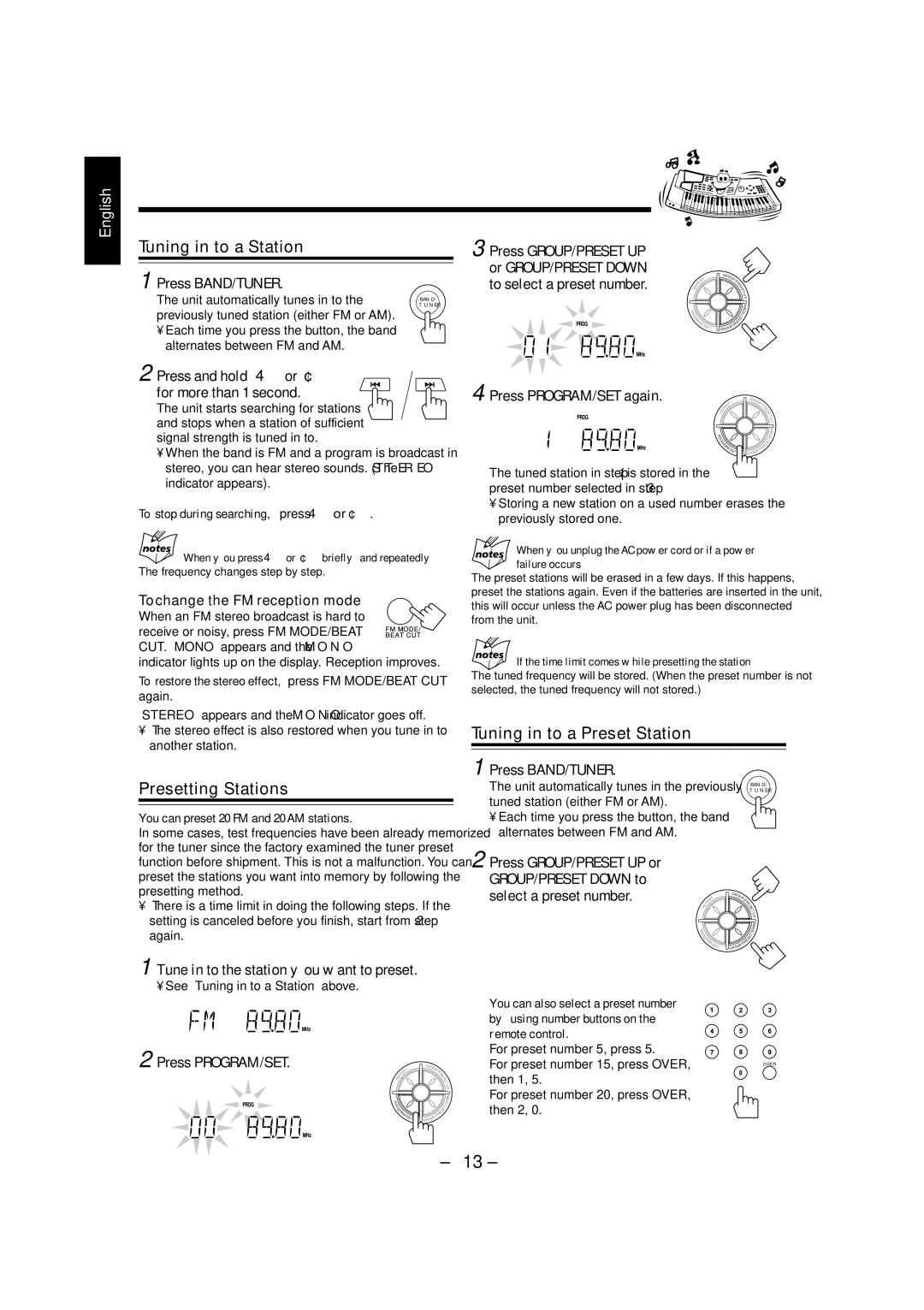 JVC PC-X292V, LVT1370-001A manual Tuning in to a Station, Presetting Stations, Tuning in to a Preset Station 