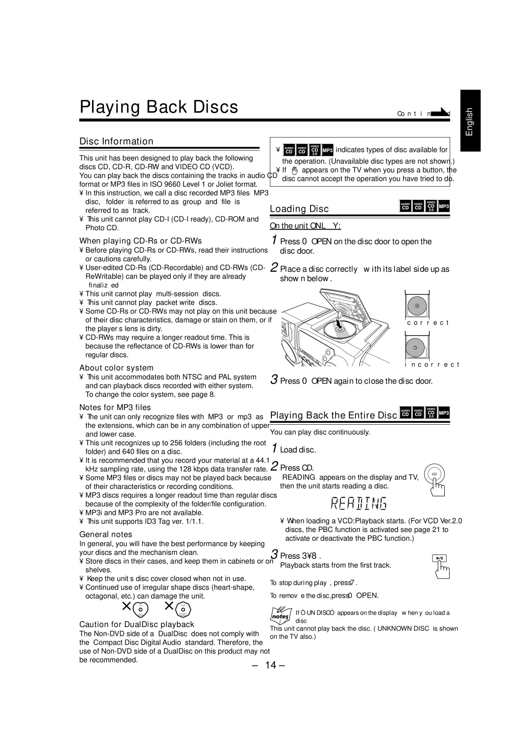 JVC LVT1370-001A, PC-X292V manual Playing Back Discs, Disc Information, Loading Disc, Playing Back the Entire Disc 