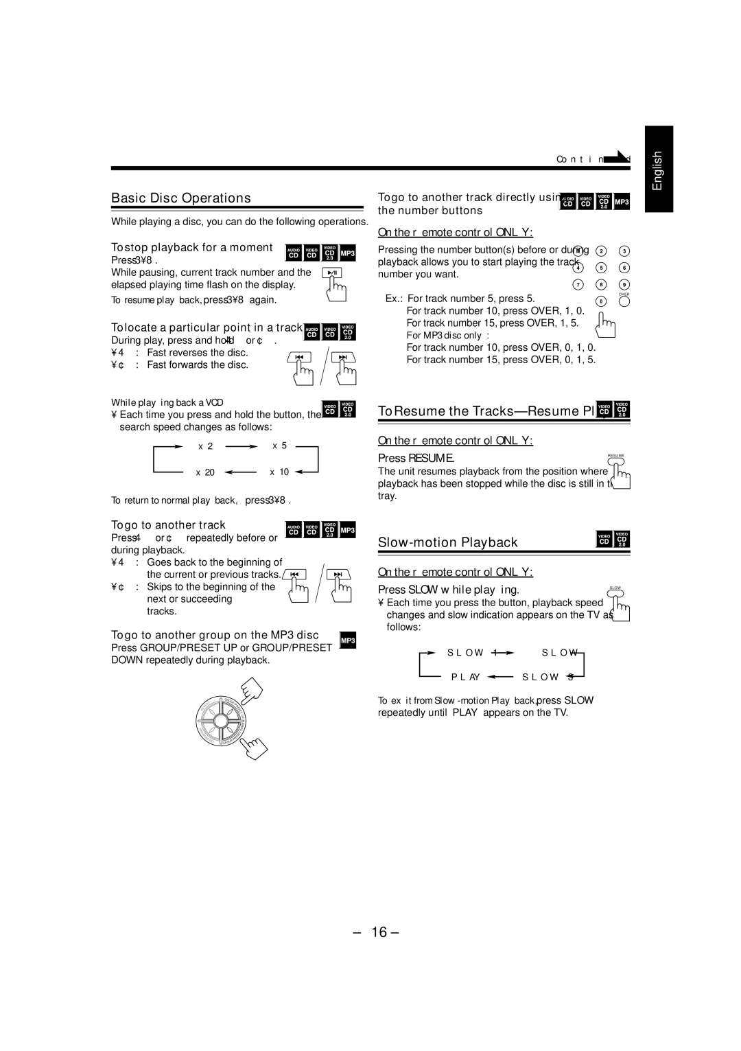 JVC LVT1370-001A, PC-X292V manual Basic Disc Operations, To Resume the Tracks-Resume Play, Slow-motion Playback 