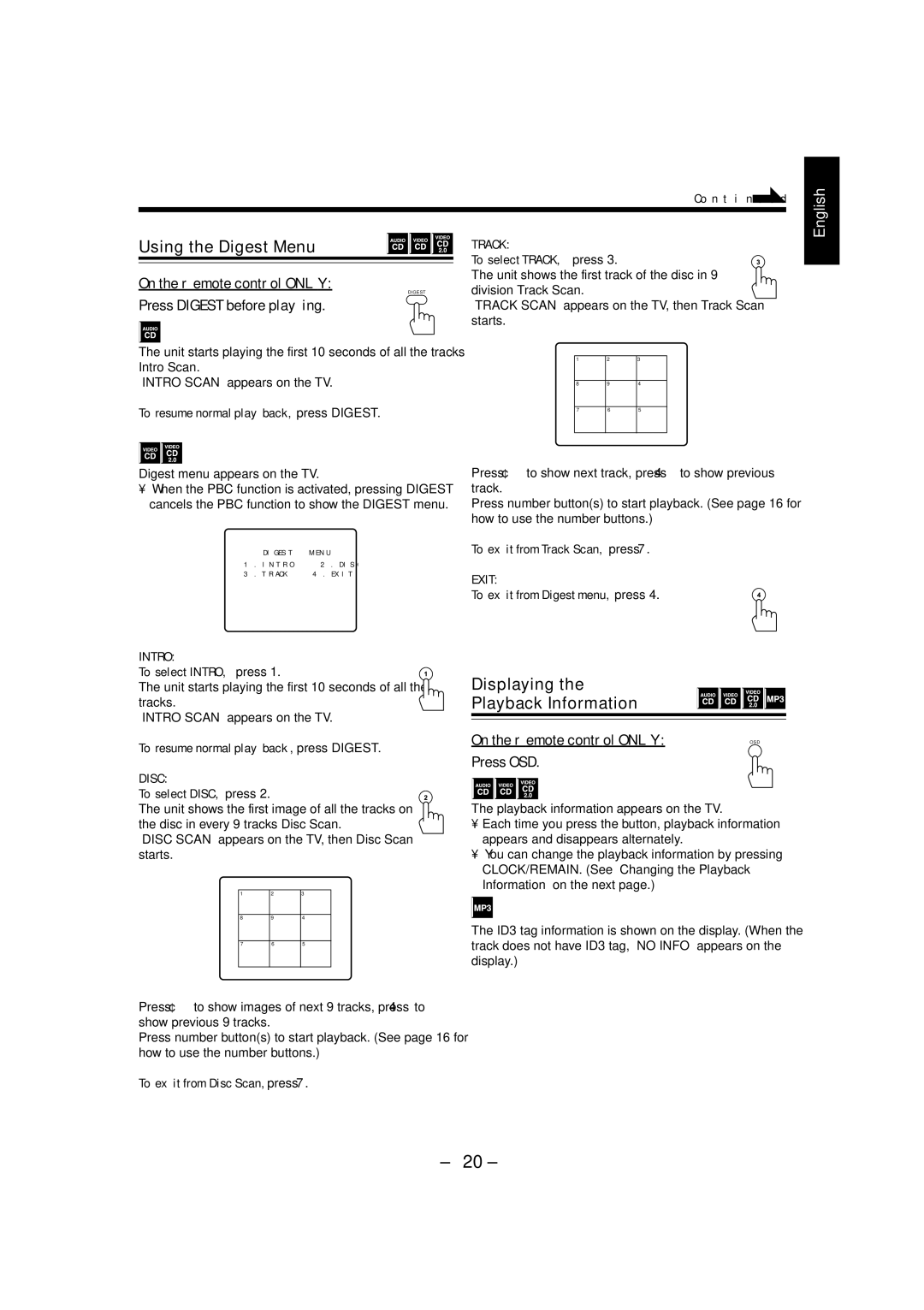 JVC LVT1370-001A, PC-X292V Using the Digest Menu, Displaying Playback Information, Press Digest before playing, Press OSD 