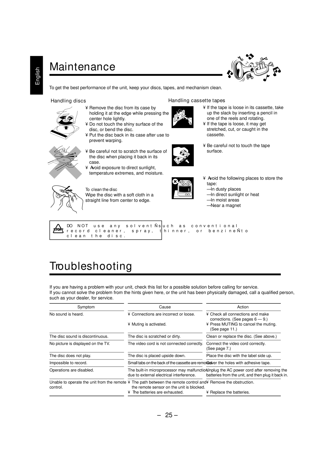 JVC PC-X292V, LVT1370-001A manual Maintenance, Troubleshooting, Handling discs, Handling cassette tapes, To clean the disc 