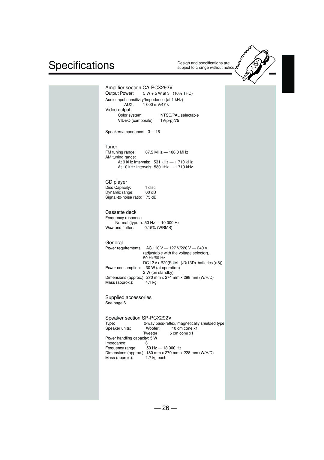 JVC LVT1370-001A, PC-X292V manual Specifications 