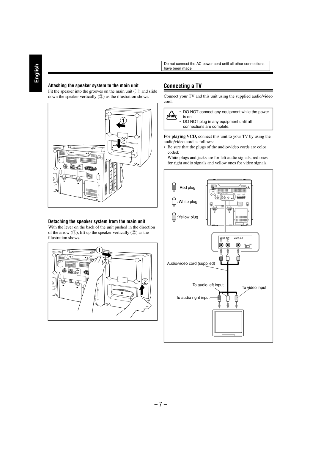 JVC PC-X292V, LVT1370-001A manual Connecting a TV, Attaching the speaker system to the main unit, English 