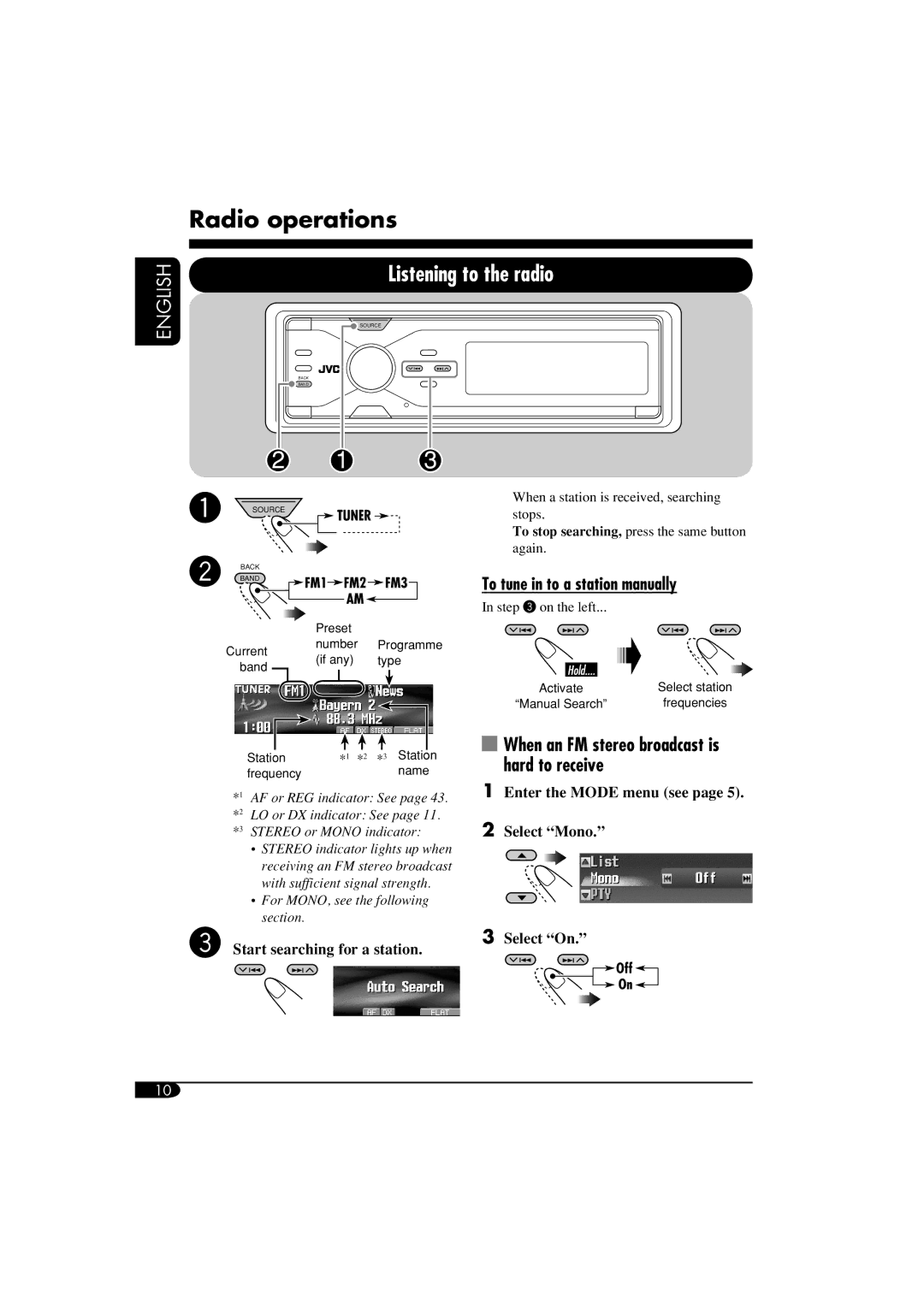 JVC LVT1372-003A Radio operations, Listening to the radio, To tune in to a station manually 