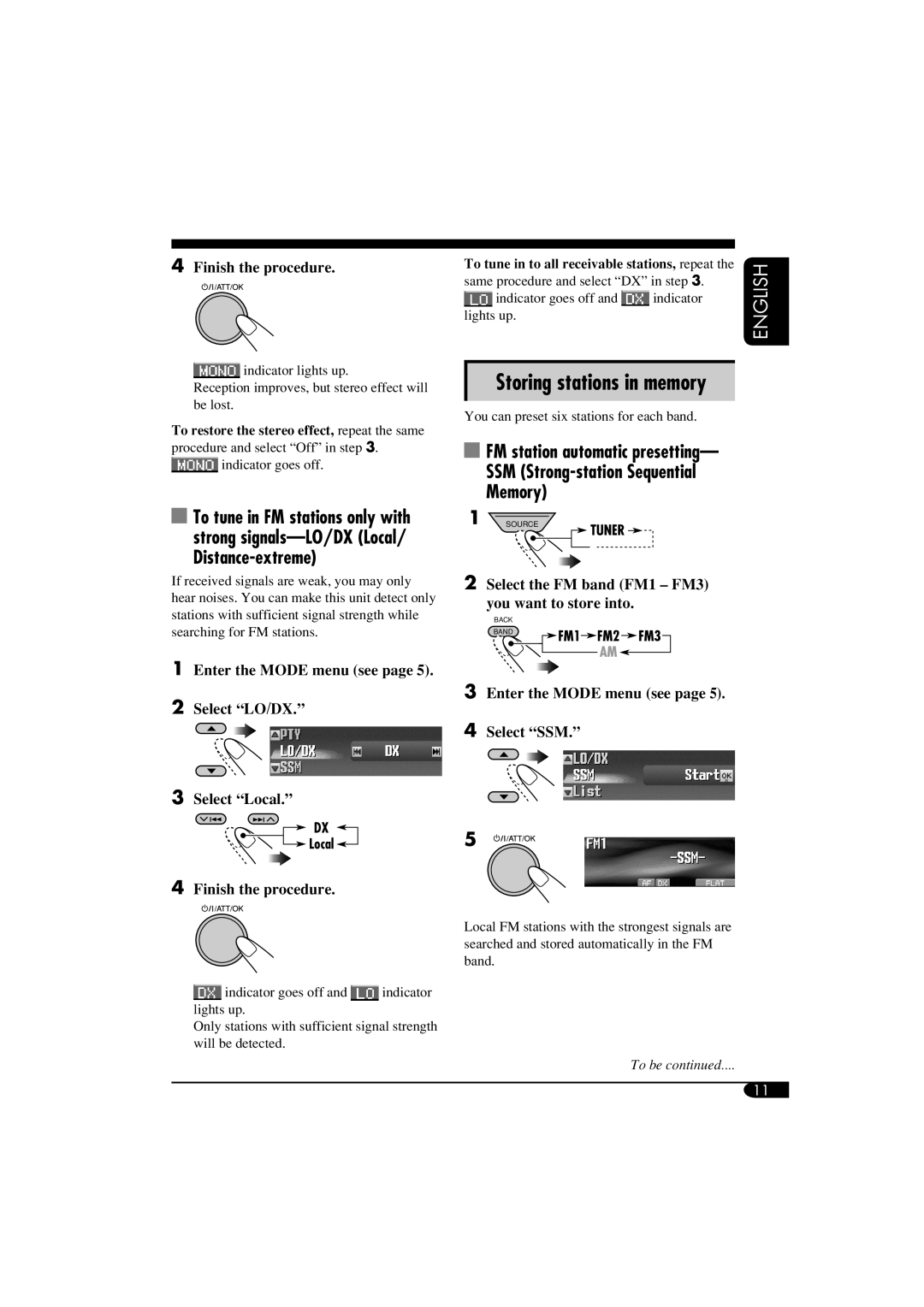 JVC LVT1372-003A manual Storing stations in memory, Enter the Mode menu see Select LO/DX Select Local 