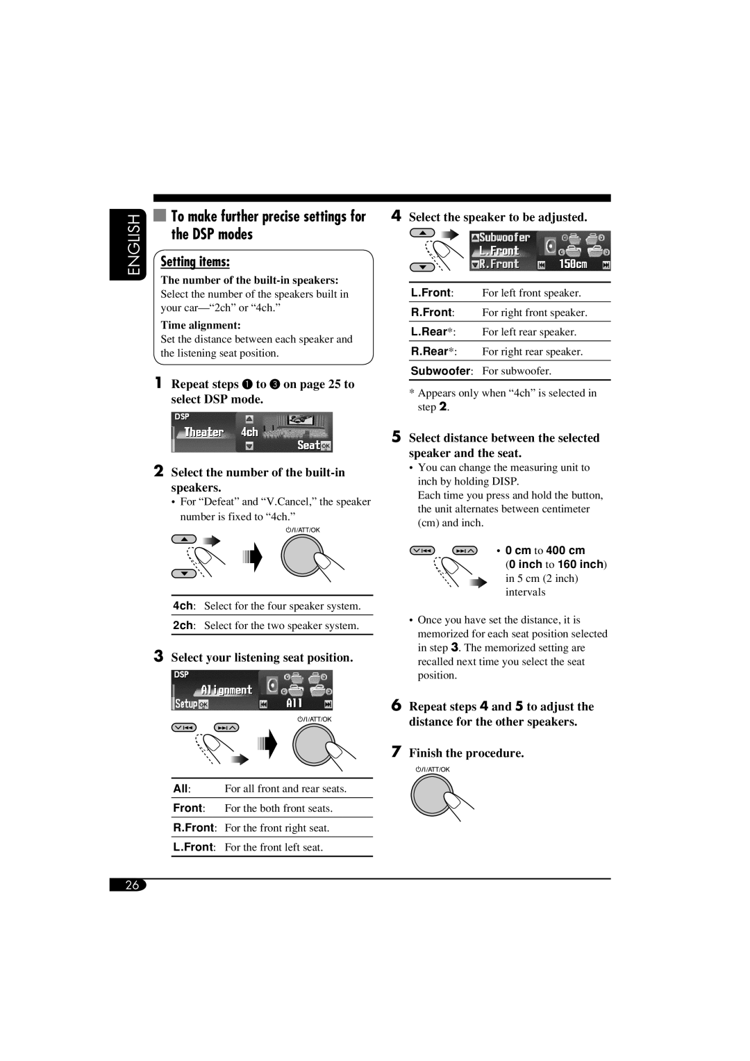 JVC LVT1372-003A manual DSP modes, Setting items, Select your listening seat position, Select the speaker to be adjusted 