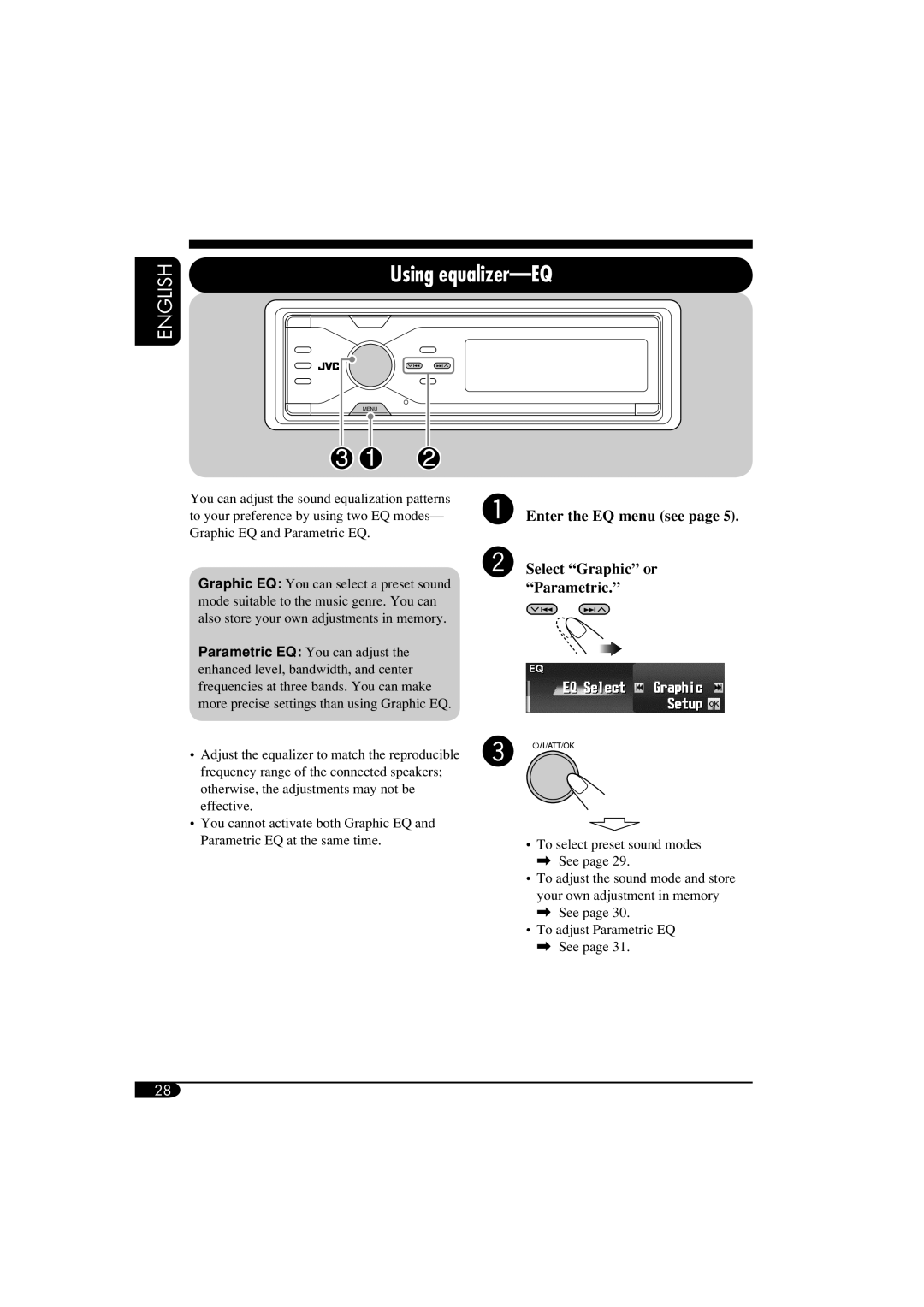 JVC LVT1372-003A manual Using equalizer-EQ, ~ Enter the EQ menu see Select Graphic or Parametric 