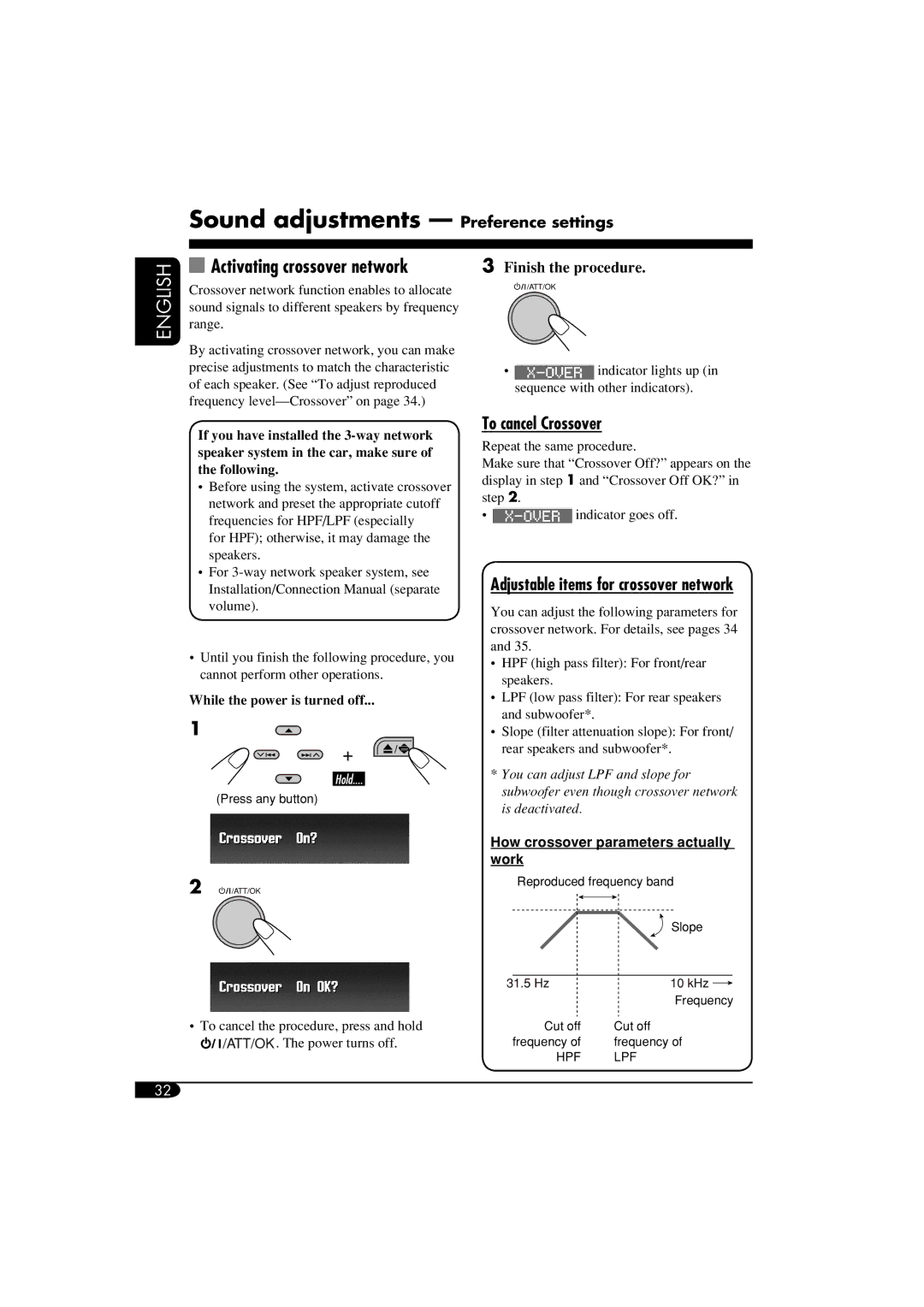 JVC LVT1372-003A manual Sound adjustments Preference settings, Activating crossover network, To cancel Crossover 