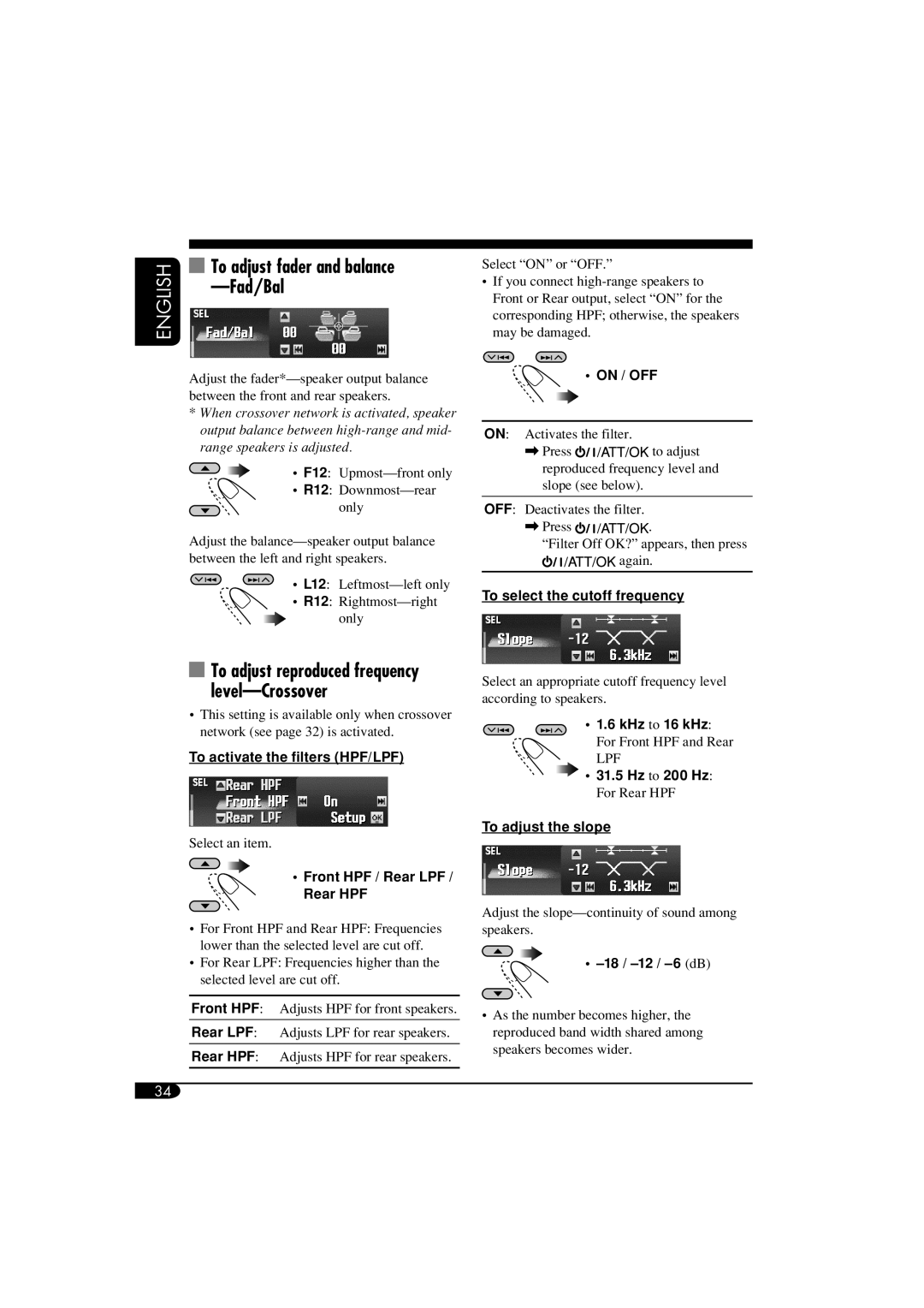 JVC LVT1372-003A manual To adjust fader and balance -Fad/Bal, To adjust reproduced frequency level-Crossover 