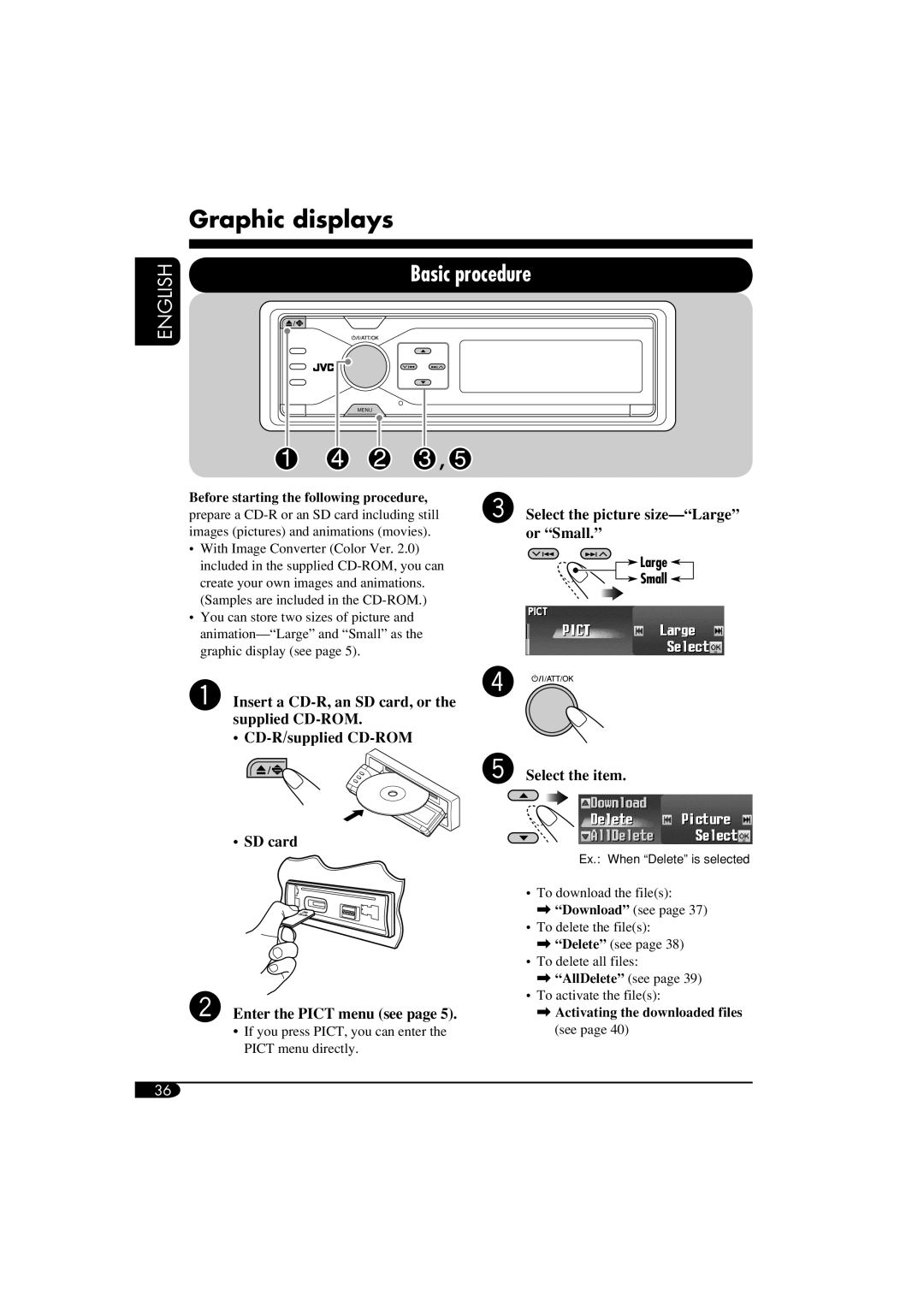 JVC LVT1372-003A manual Graphic displays, Basic procedure, Select the picture size-Large or Small, @ Select the item 