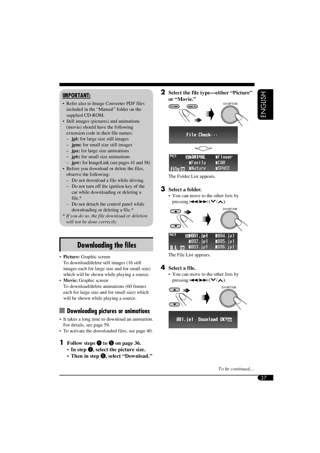 JVC LVT1372-003A manual Downloading the ﬁles, Downloading pictures or animations 