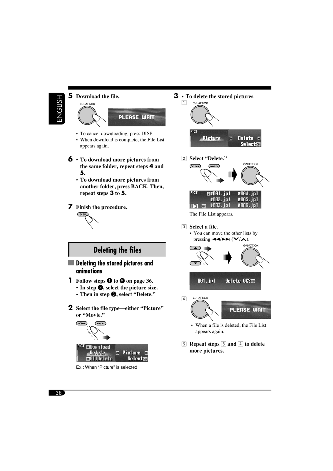 JVC LVT1372-003A manual Deleting the ﬁles, Deleting the stored pictures and animations 