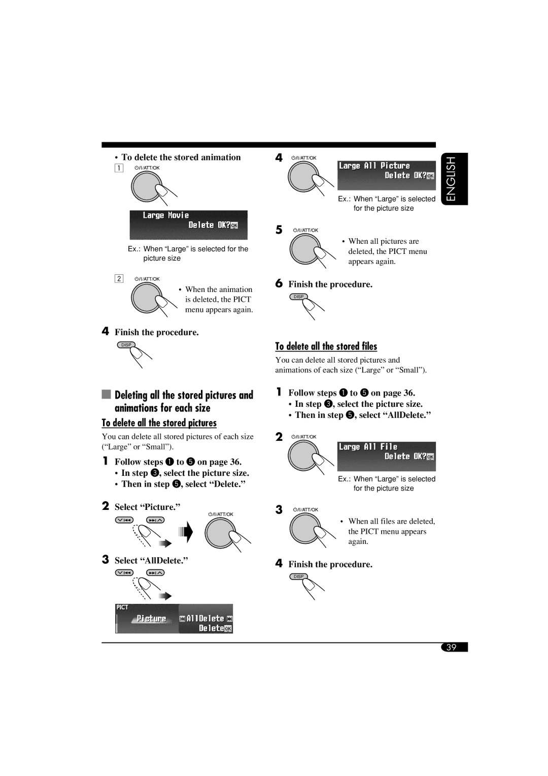 JVC LVT1372-003A manual To delete all the stored pictures, To delete all the stored files, To delete the stored animation 