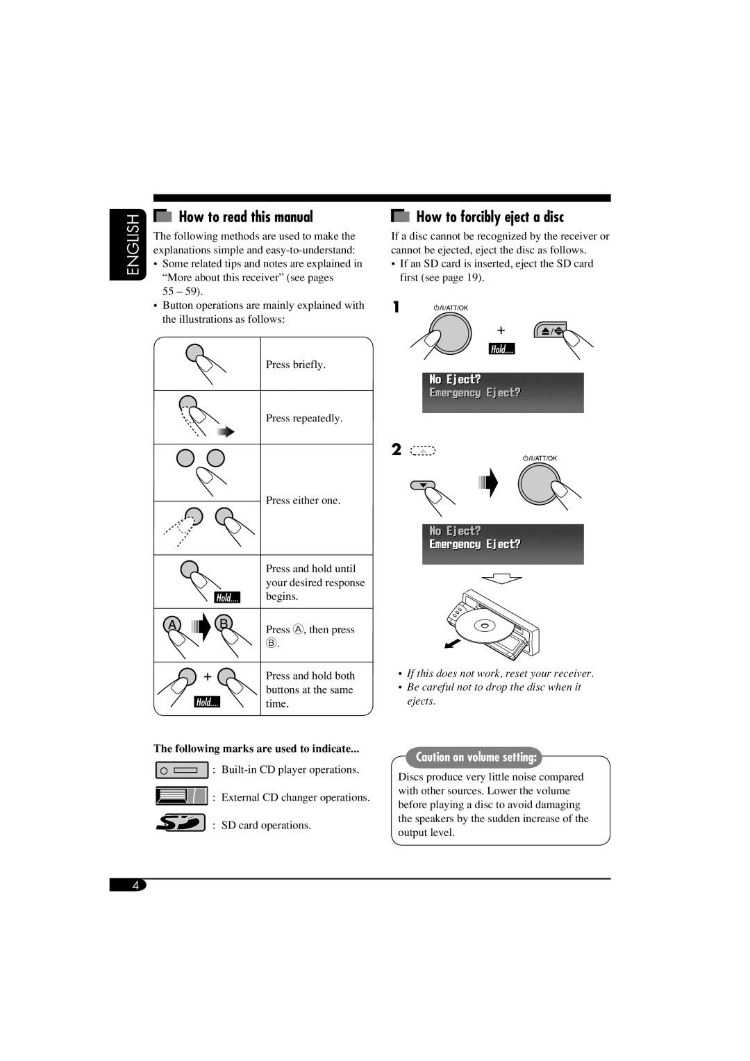 JVC LVT1372-003A How to read this manual, How to forcibly eject a disc, Following marks are used to indicate 