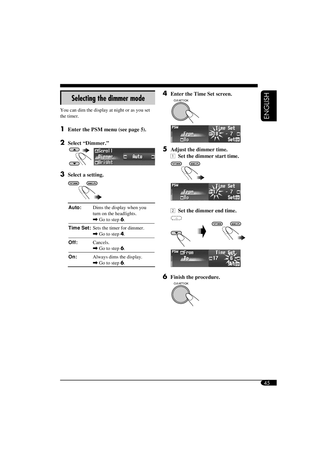 JVC LVT1372-003A manual Selecting the dimmer mode, Enter the PSM menu see Select Dimmer Select a setting 