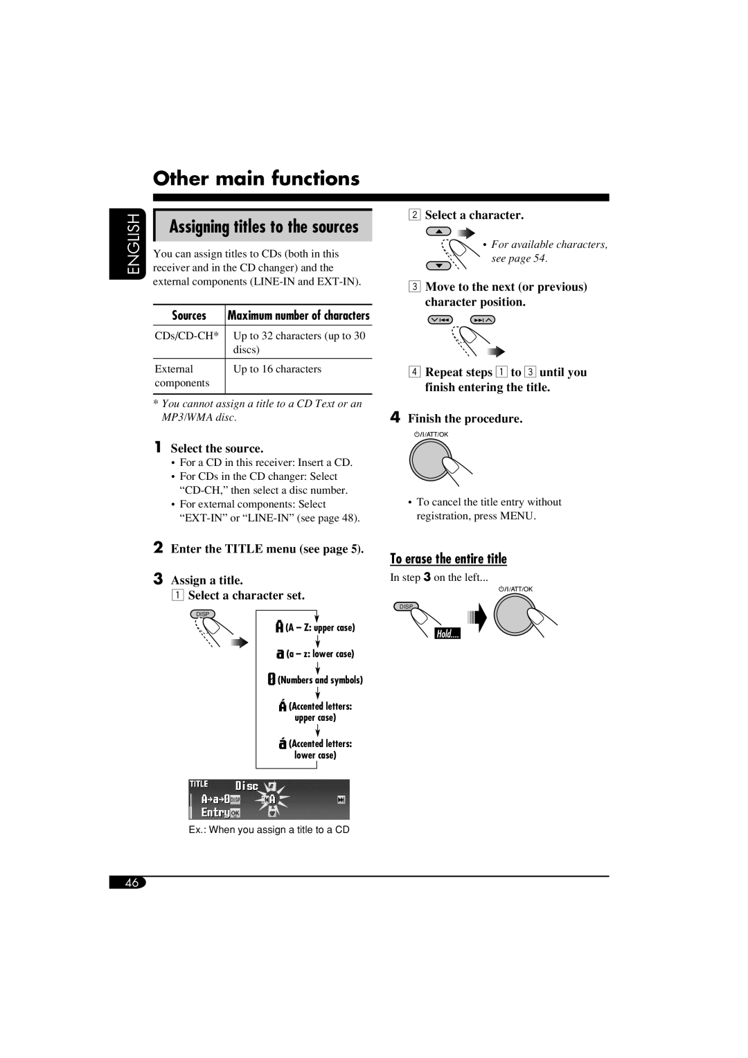 JVC LVT1372-003A manual Other main functions, To erase the entire title, Select the source 