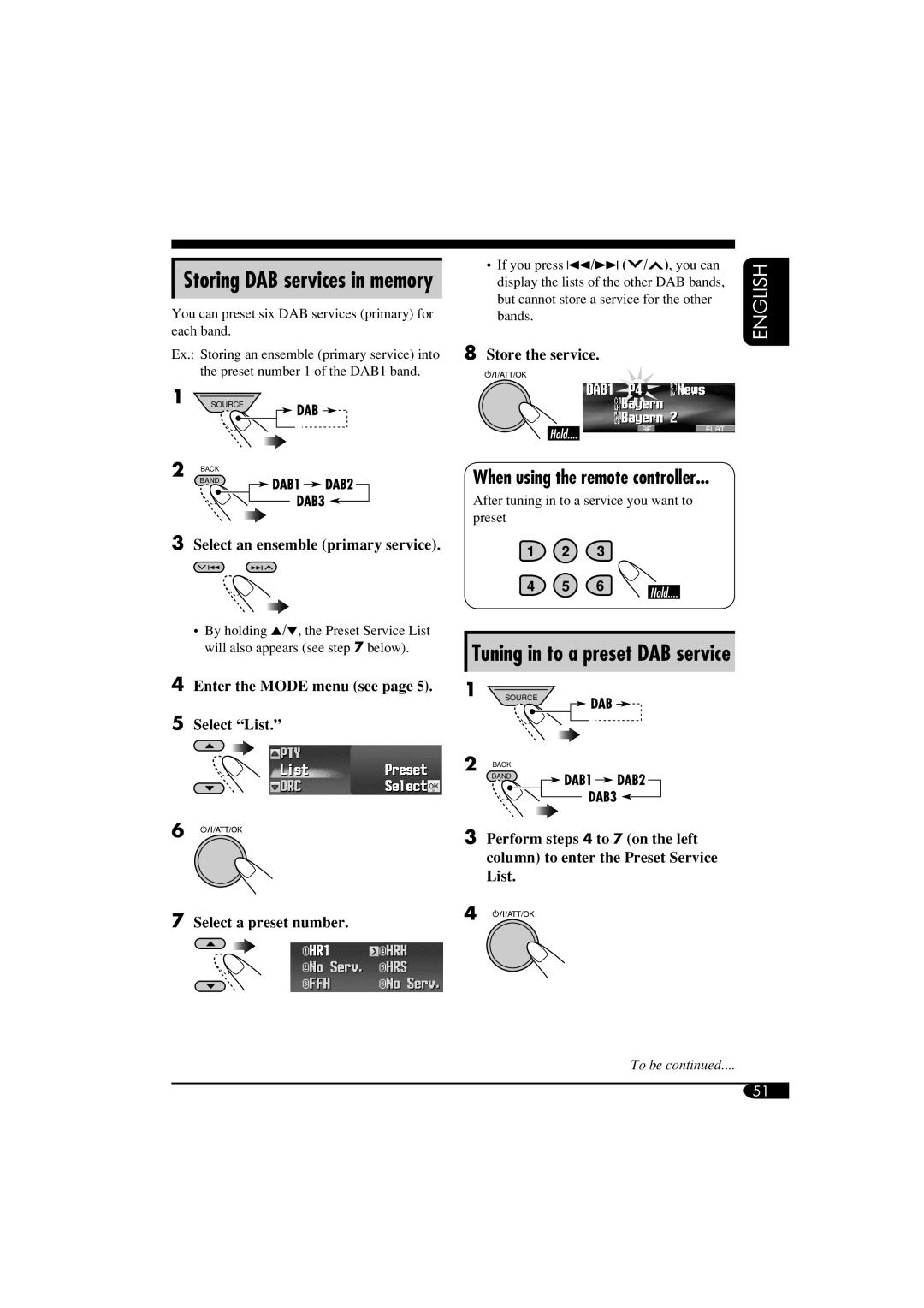 JVC LVT1372-003A When using the remote controller, Storing DAB services in memory, Select an ensemble primary service 