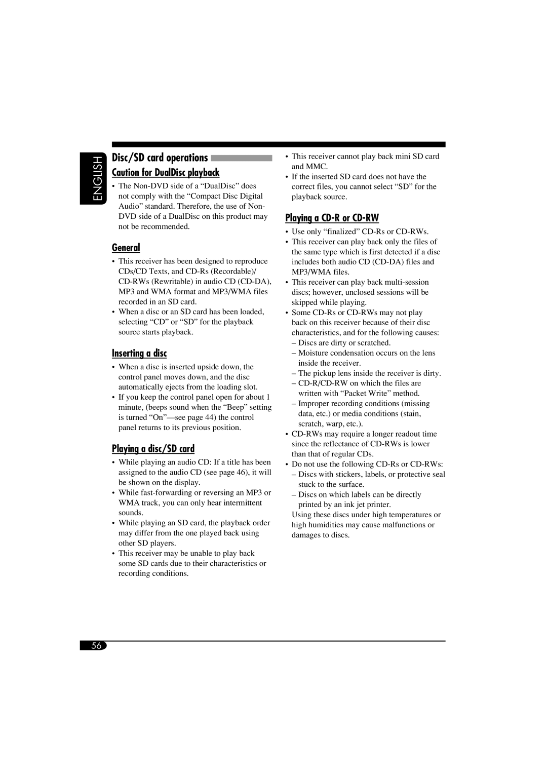 JVC LVT1372-003A manual General, Inserting a disc, Playing a disc/SD card, Playing a CD-R or CD-RW 