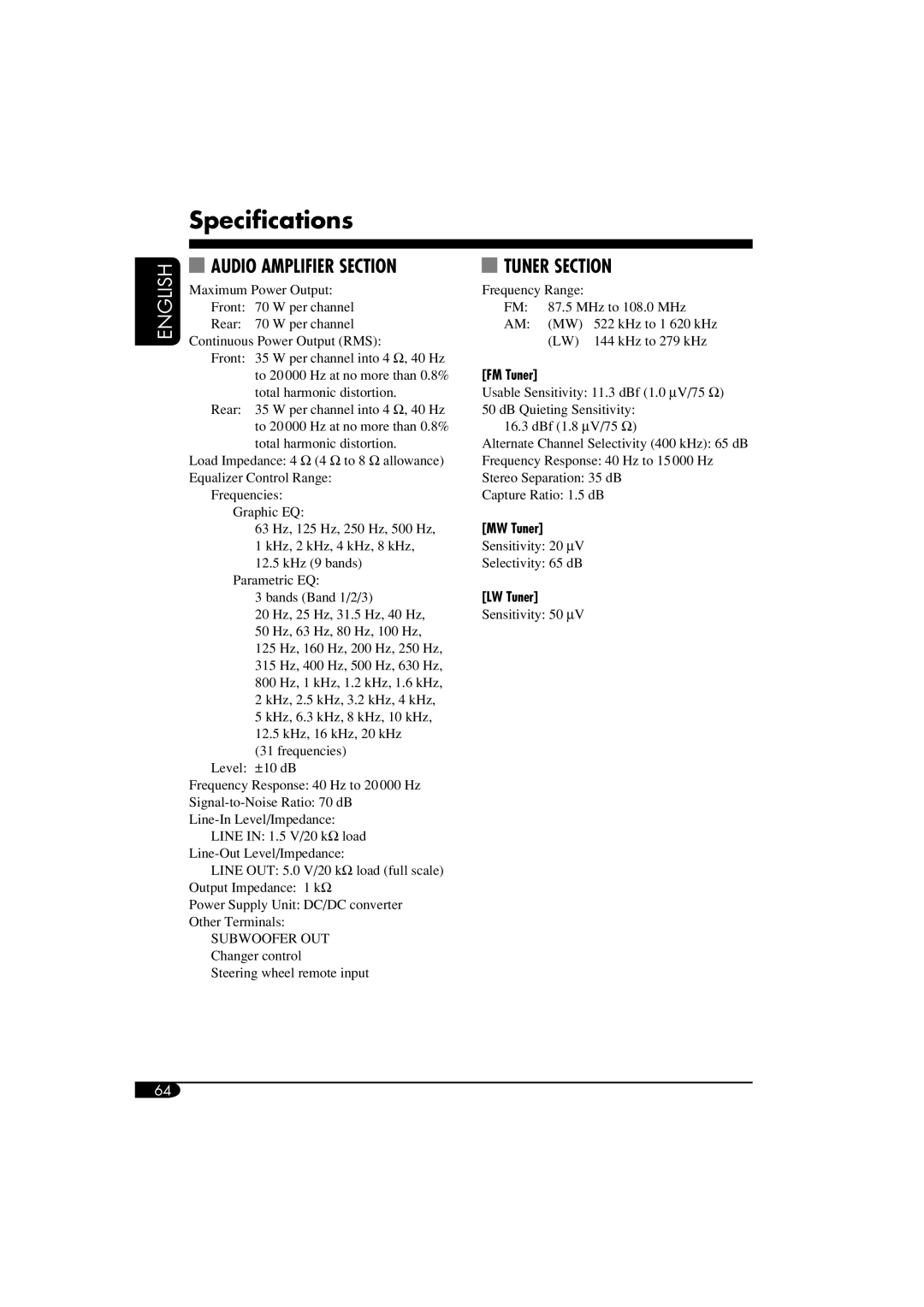 JVC LVT1372-003A manual Specifications, Audio Amplifier Section 