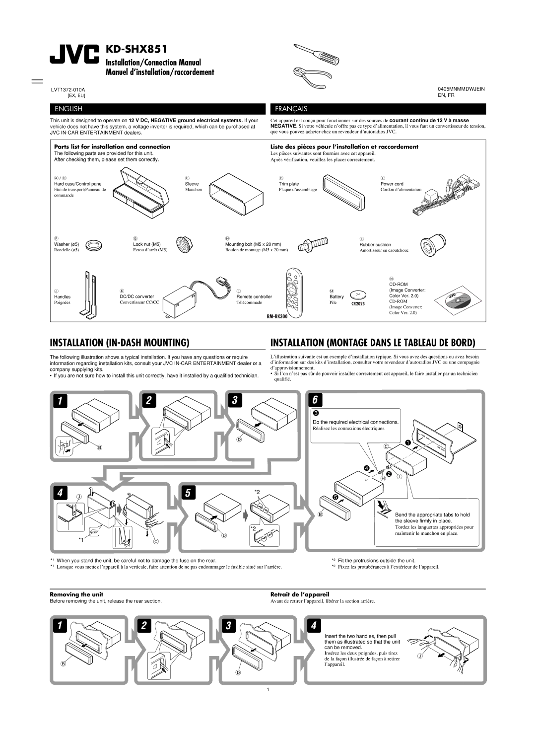 JVC LVT1372-003A manual KD-SHX851, Removing the unit Retrait de l’appareil 