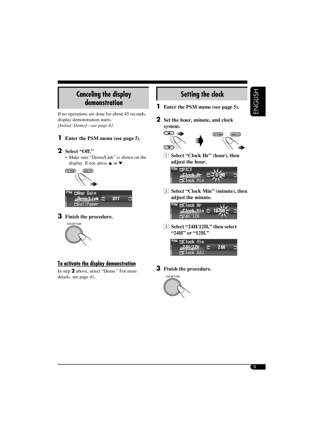 JVC LVT1372-003A manual Canceling the display Demonstration, Setting the clock, Enter the PSM menu see Select Off 