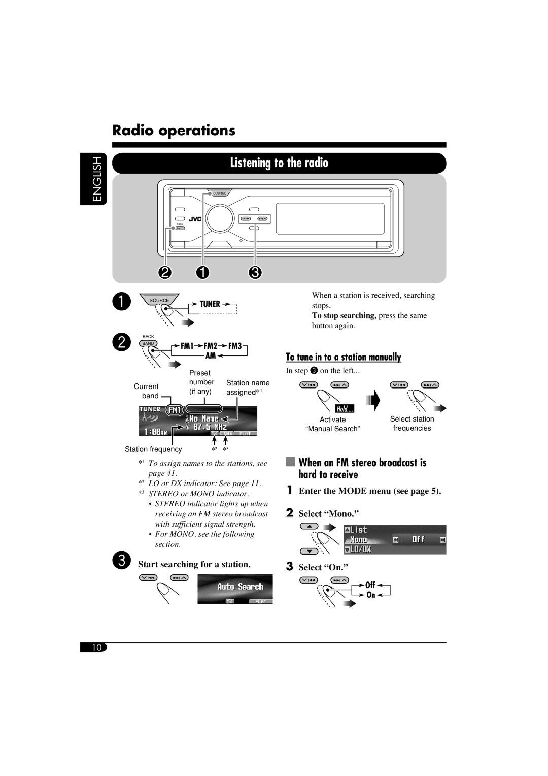 JVC LVT1373-001A, KD-SHX855 Radio operations, Listening to the radio, To tune in to a station manually 