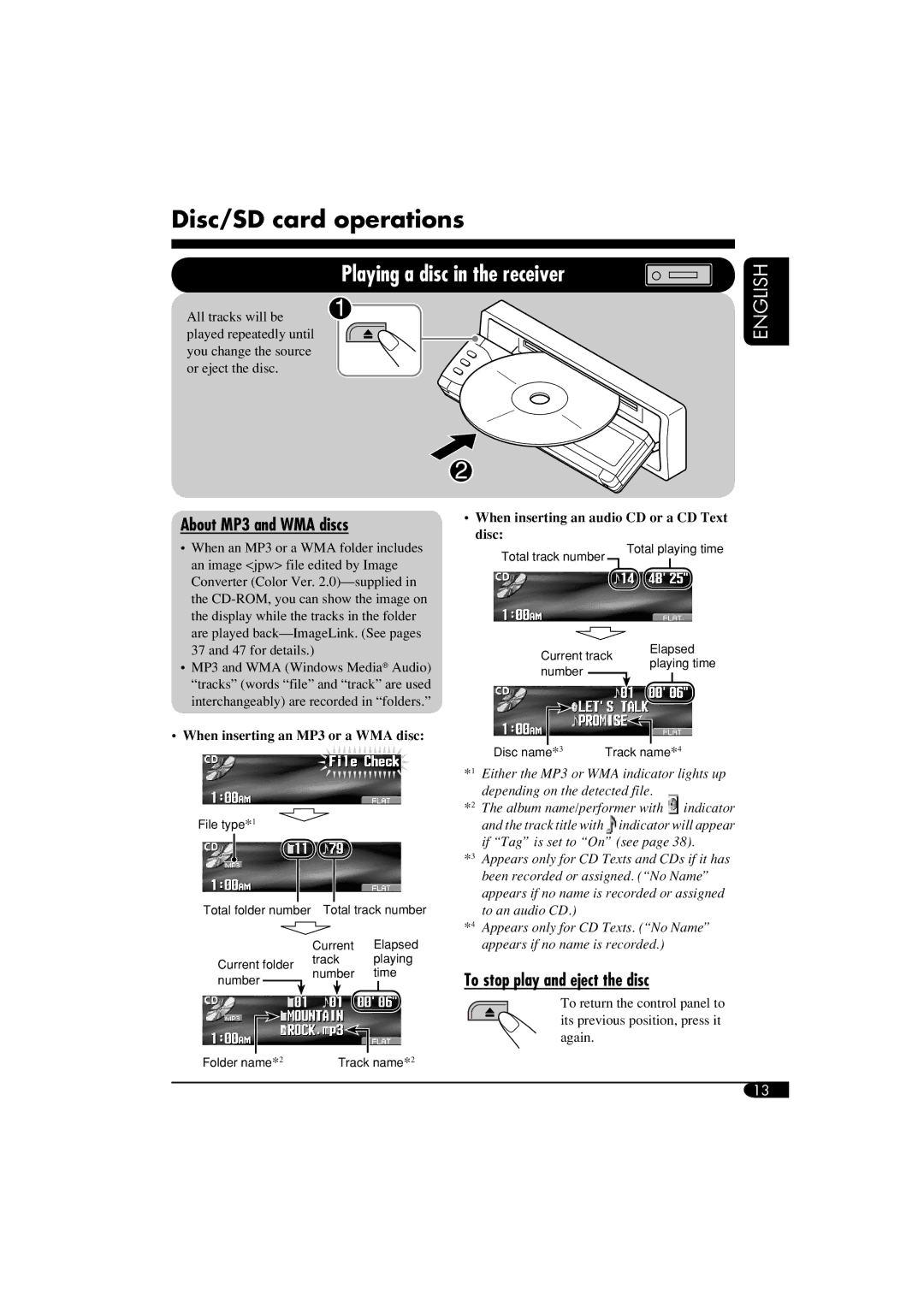 JVC KD-SHX855, LVT1373-001A manual Disc/SD card operations, Playing a disc in the receiver, About MP3 and WMA discs 