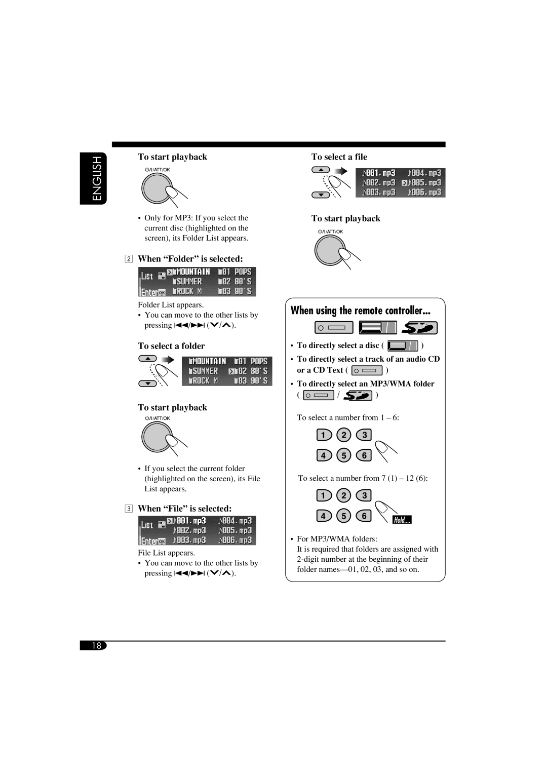 JVC LVT1373-001A manual To start playback To select a file, When Folder is selected, To select a folder To start playback 