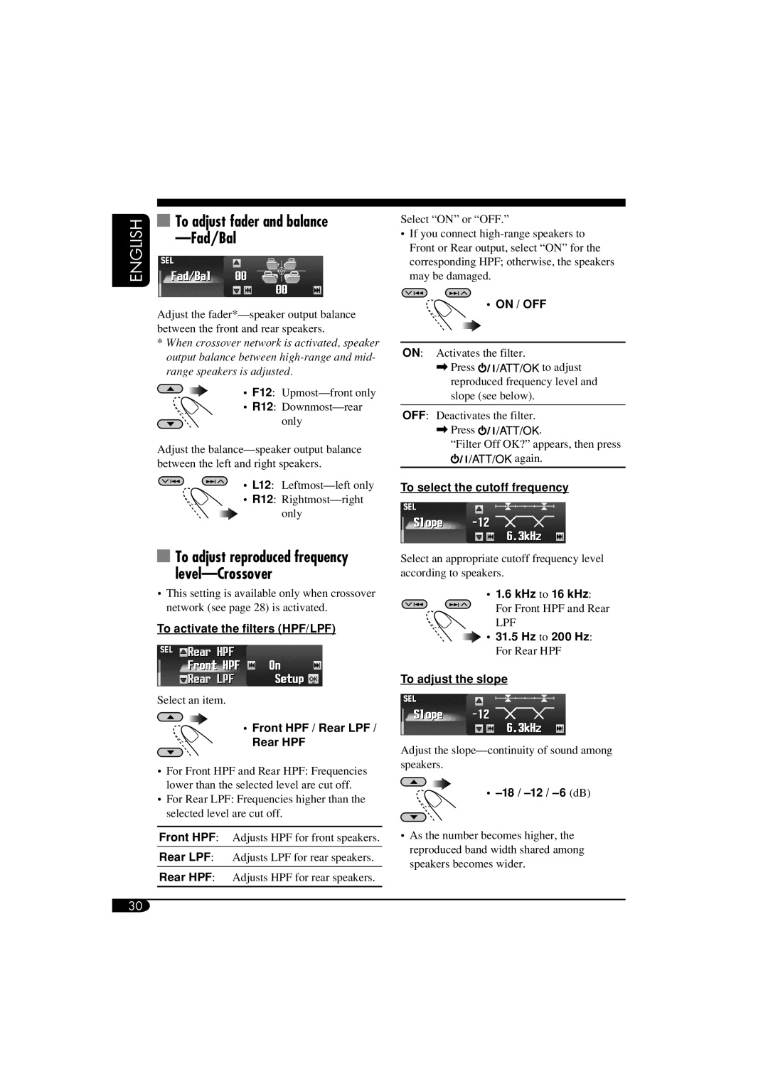 JVC LVT1373-001A, KD-SHX855 manual To adjust fader and balance -Fad/Bal, To adjust reproduced frequency level-Crossover 