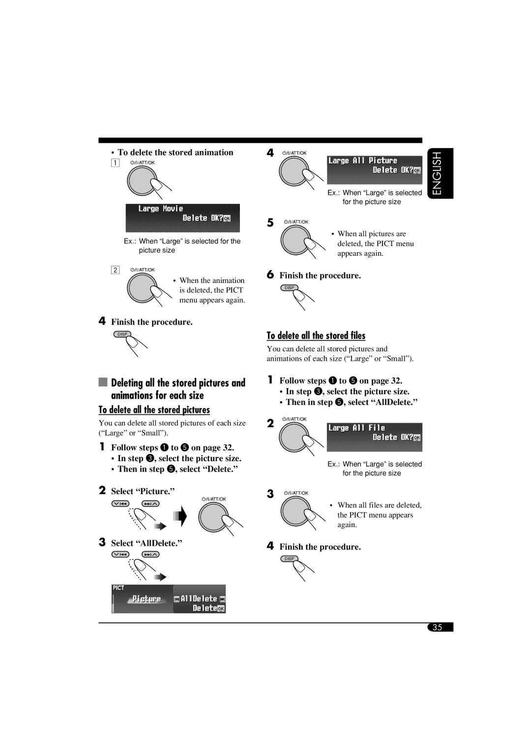 JVC KD-SHX855 manual To delete all the stored pictures, To delete all the stored files, To delete the stored animation 