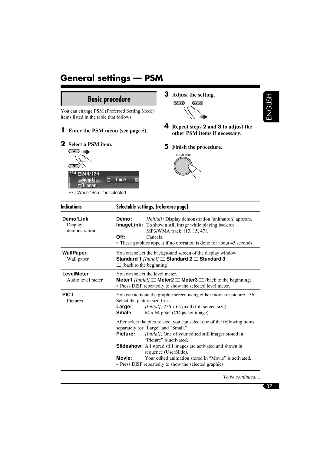 JVC KD-SHX855 manual General settings PSM, Basic procedure, Adjust the setting, Indications Selectable settings, reference 