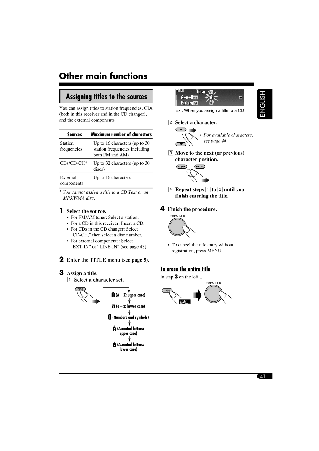 JVC KD-SHX855, LVT1373-001A manual Other main functions, To erase the entire title, Sources, Select a character 