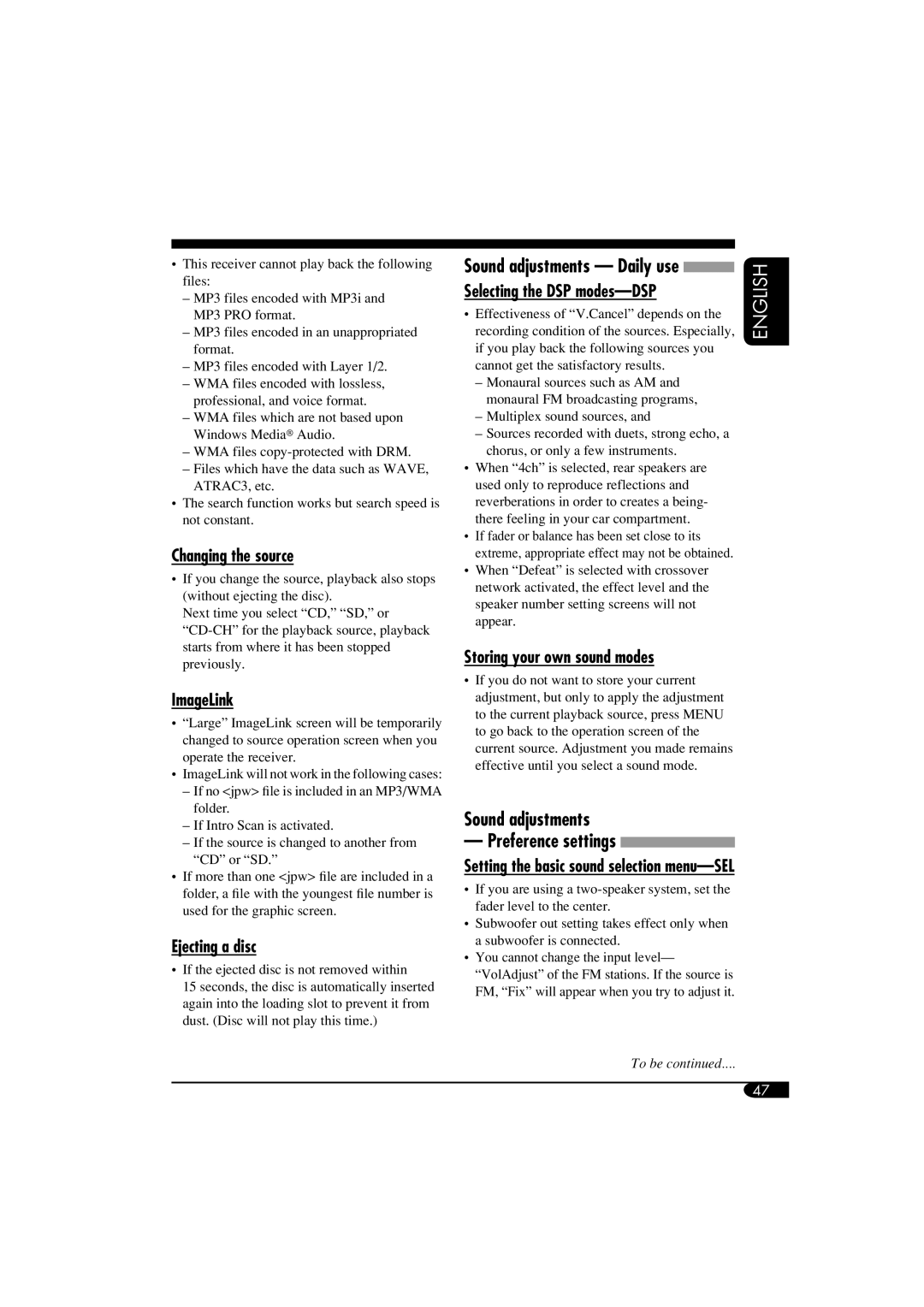 JVC KD-SHX855, LVT1373-001A manual Sound adjustments Preference settings, Changing the source, ImageLink, Ejecting a disc 